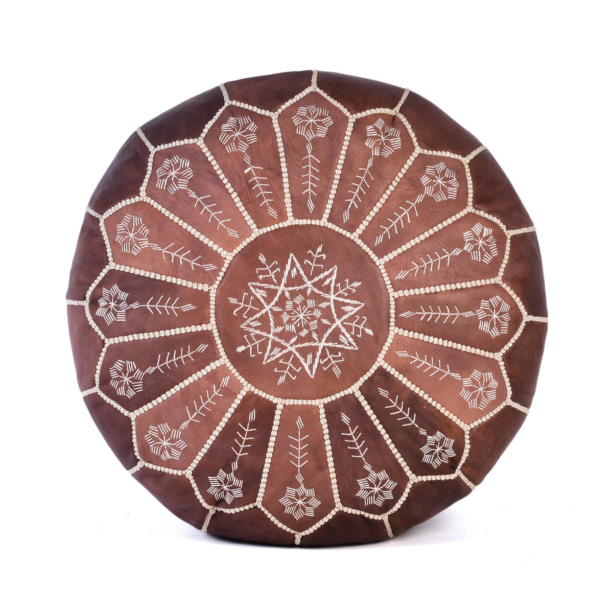 Brown Leather Pouf Authentic Moroccan Handmade Ottoman Footstool - LuxoraCraft
