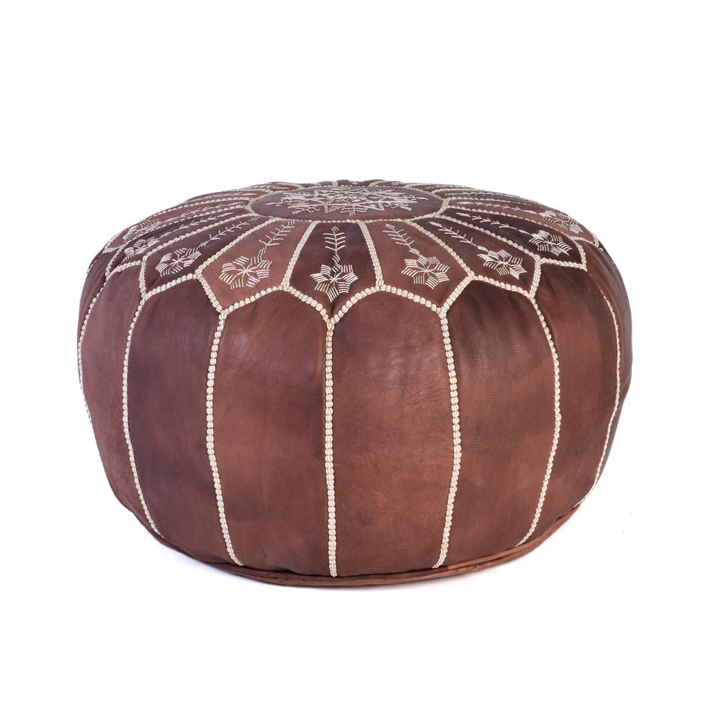 Brown Round Leather Pouf Boho Living Room Decor - LuxoraCraft
