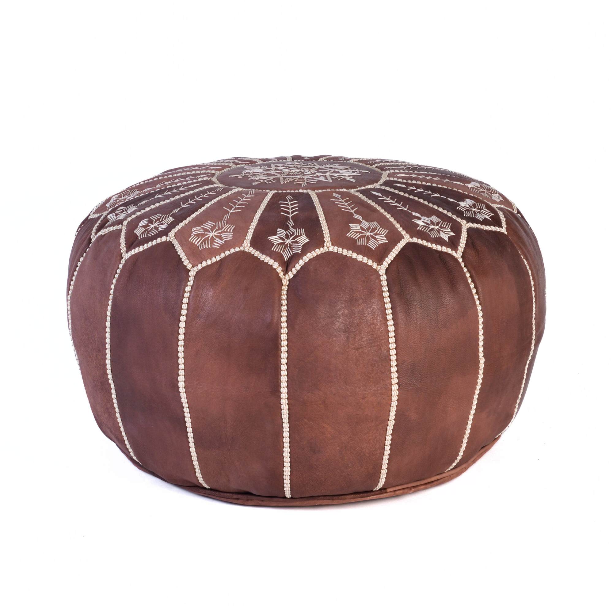 Brown Hand-Stitched Genuine Leather Ottoman Pouf with New Embroidery Design