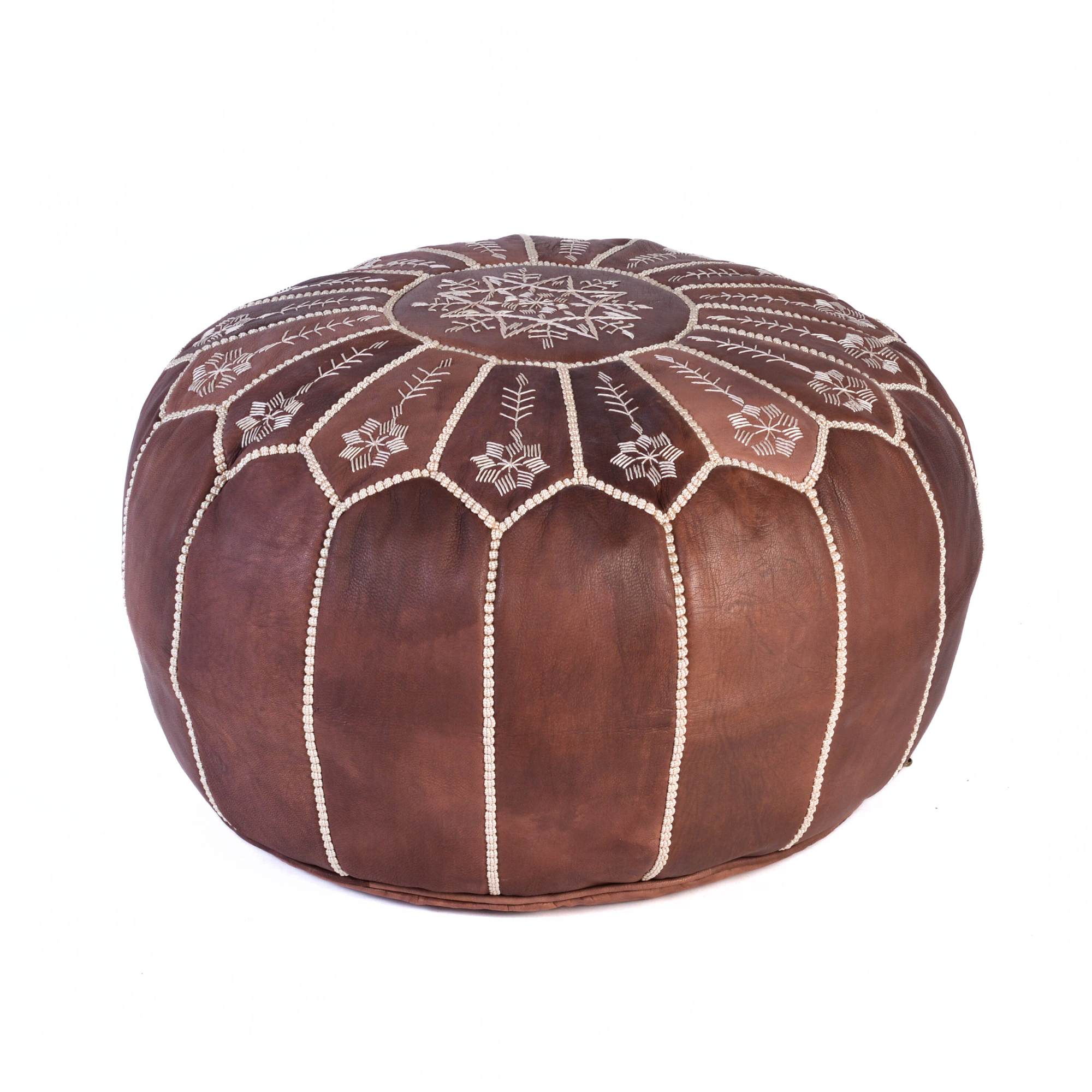 Brown Hand-Stitched Genuine Leather Ottoman Pouf with New Embroidery Design
