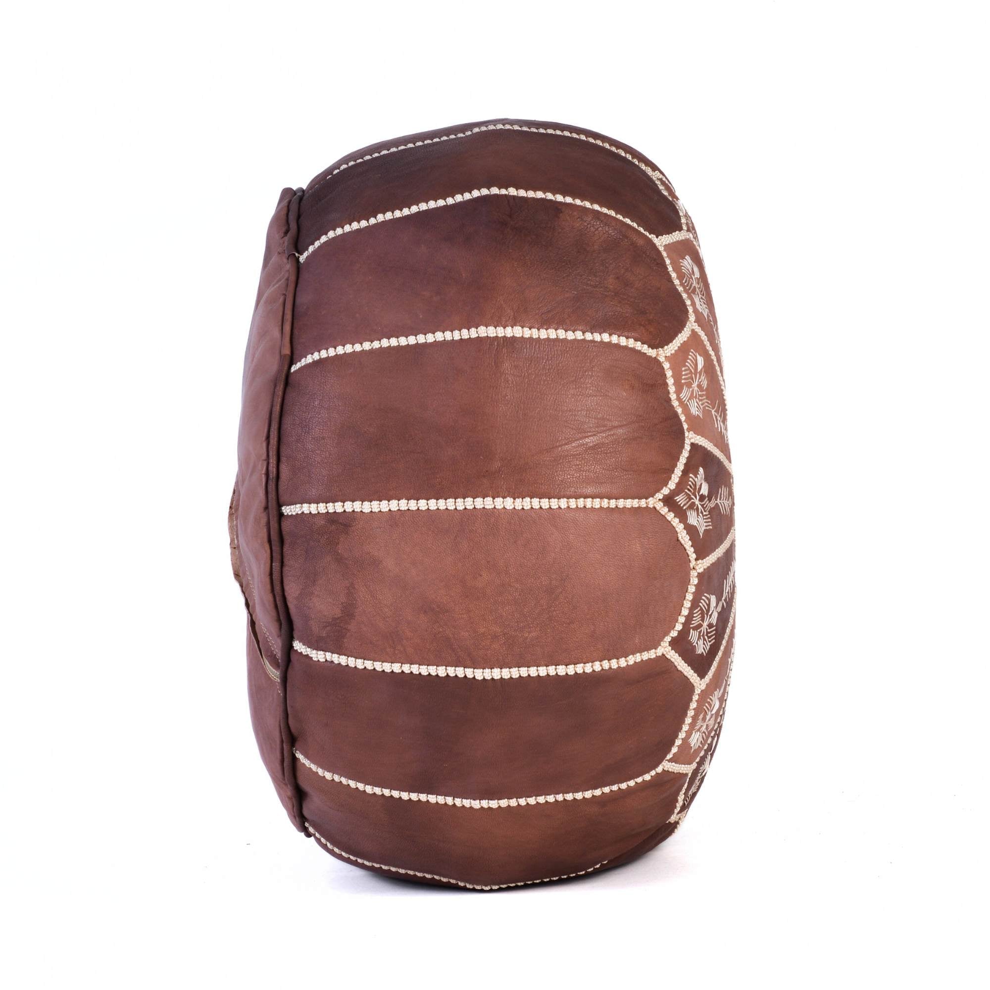 Brown Hand-Stitched Genuine Leather Ottoman Pouf with New Embroidery Design