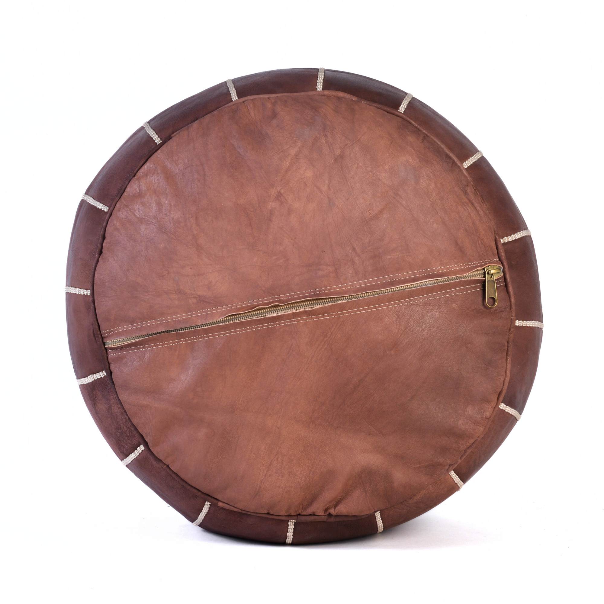 Brown Hand-Stitched Genuine Leather Ottoman Pouf with New Embroidery Design