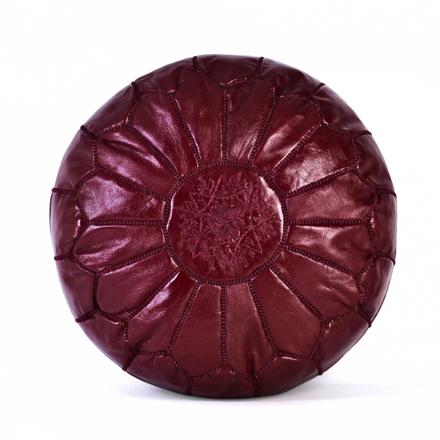 Burgundy Hand-Stitched Genuine Leather Ottoman Pouf with Embroidery