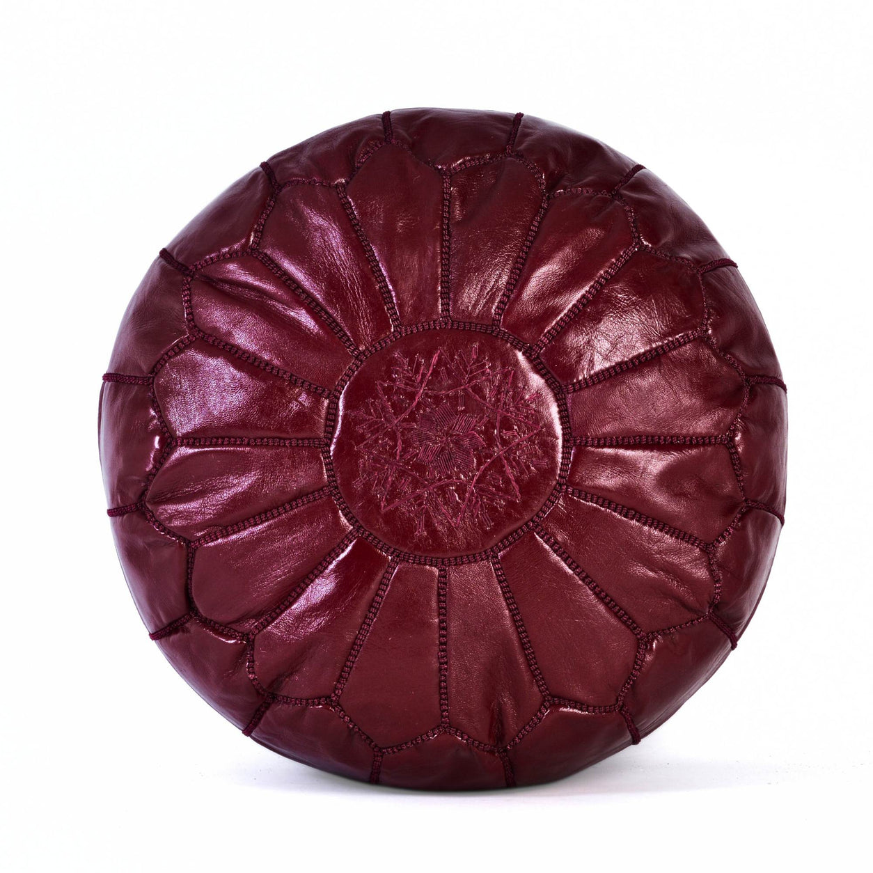 Burgundy Leather Pouf Authentic Moroccan Handmade Footstool - LuxoraCraft
