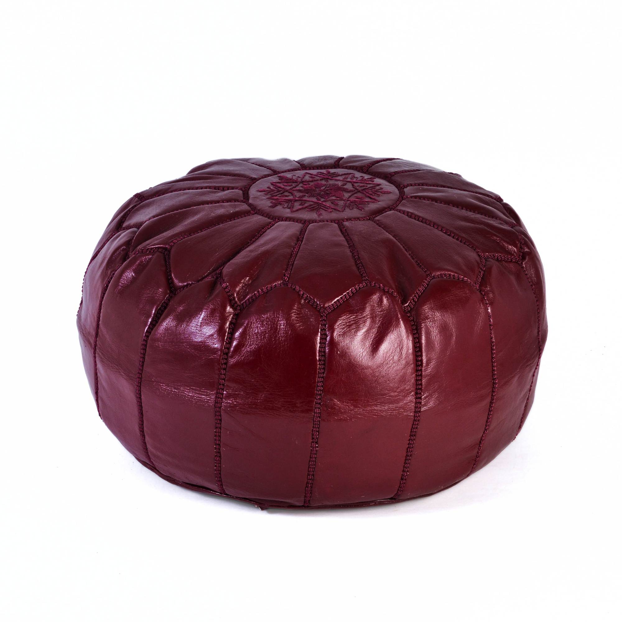 Burgundy Hand-Stitched Genuine Leather Ottoman Pouf with Embroidery