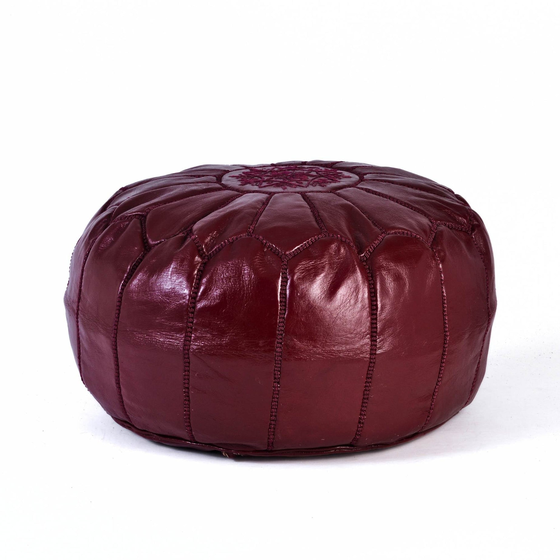 Burgundy Hand-Stitched Genuine Leather Ottoman Pouf with Embroidery
