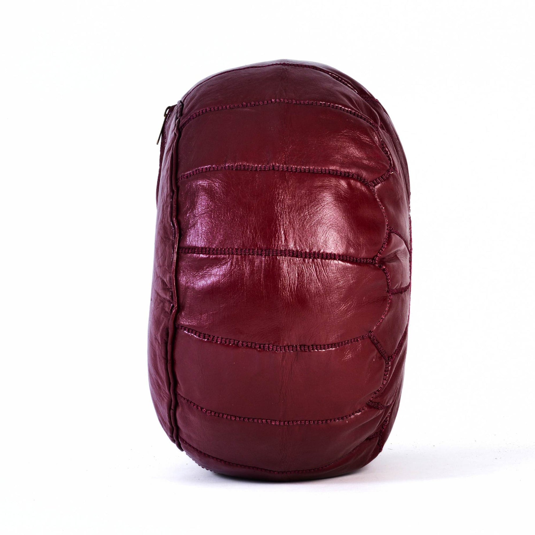 Burgundy Hand-Stitched Genuine Leather Ottoman Pouf with Embroidery