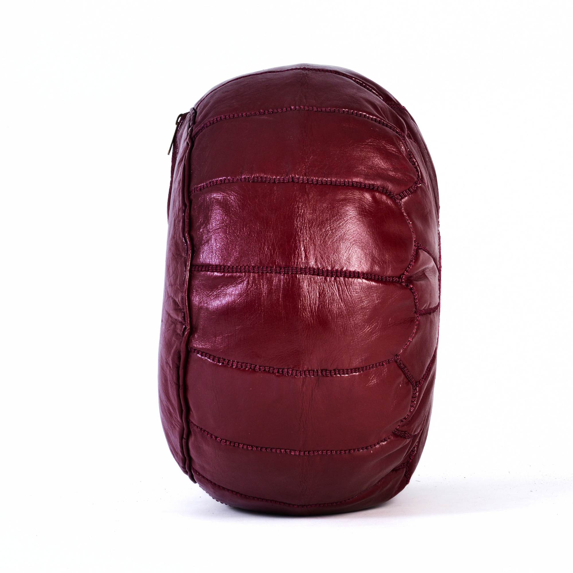 Burgundy Hand-Stitched Genuine Leather Ottoman Pouf with Embroidery