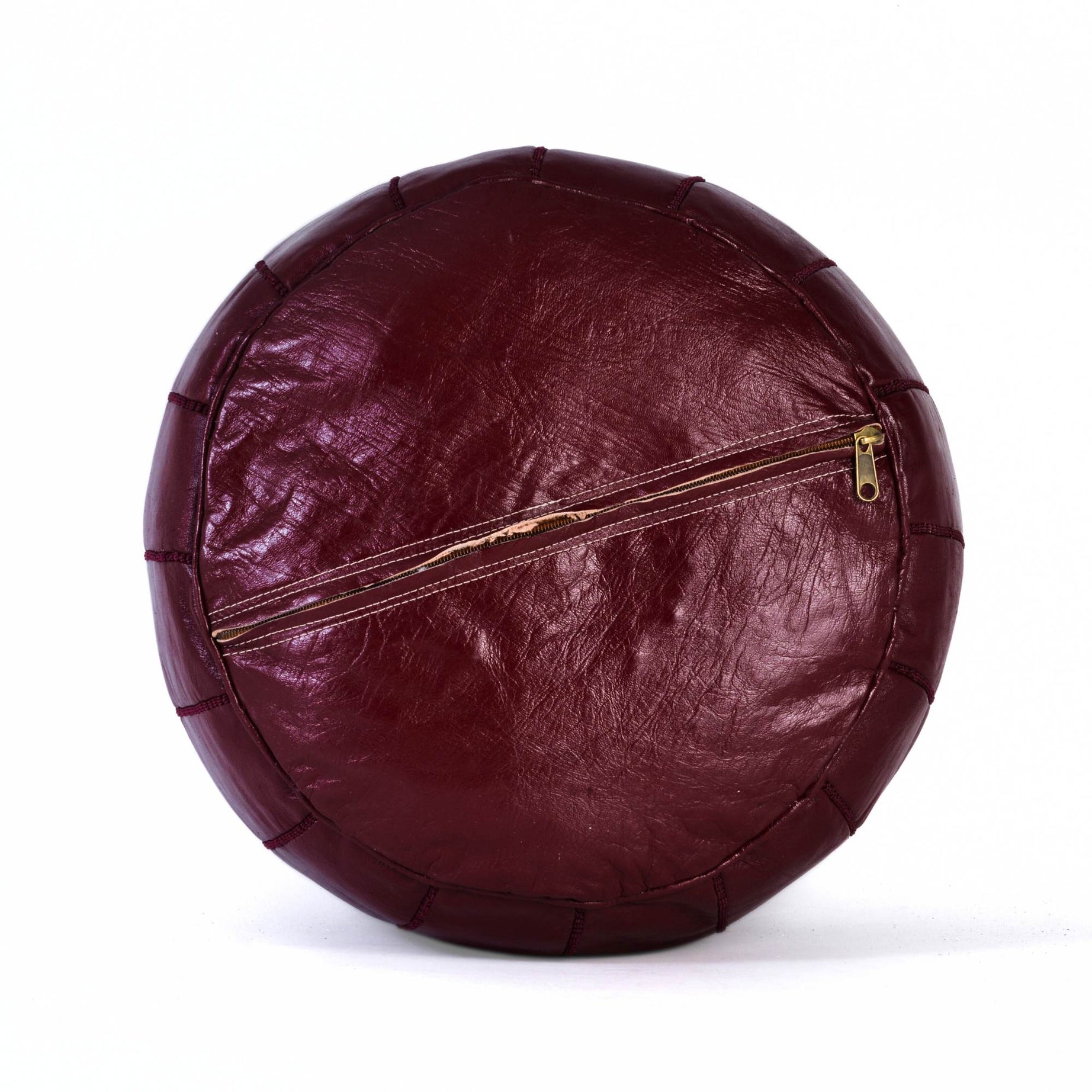 Burgundy Hand-Stitched Genuine Leather Ottoman Pouf with Embroidery