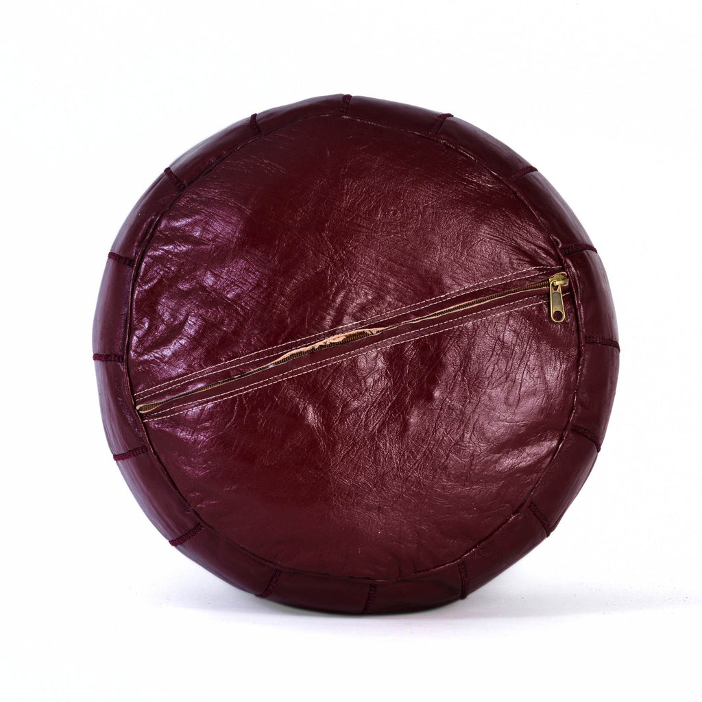 Burgundy Moroccan Leather Ottoman Pouf Side View 2 - LuxoraCraft
