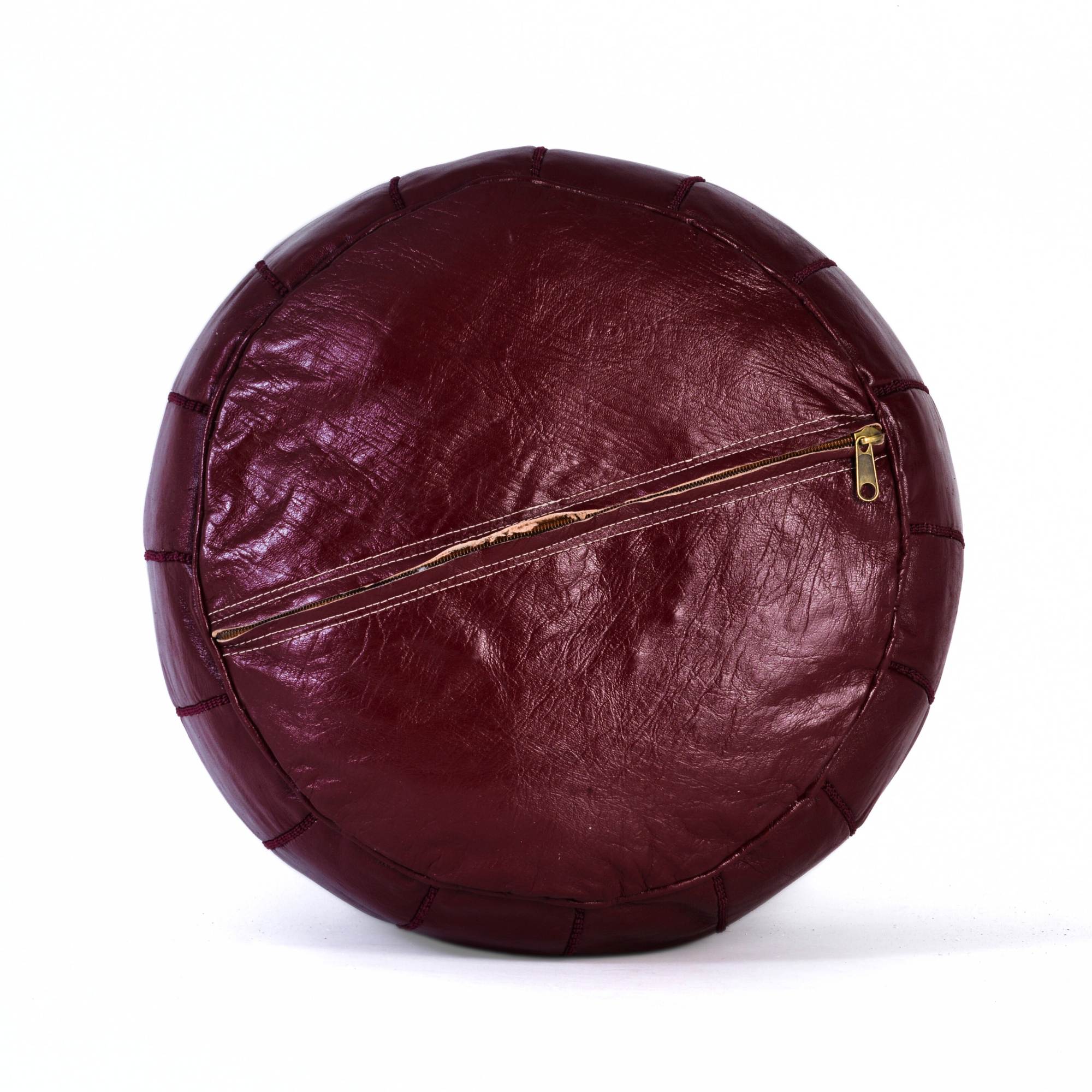 Burgundy Hand-Stitched Genuine Leather Ottoman Pouf with Embroidery