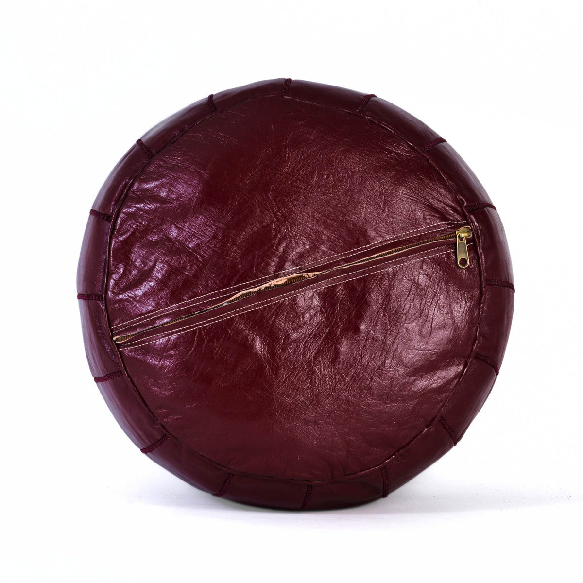 Burgundy Moroccan Leather Ottoman Pouf Side View 2 - LuxoraCraft