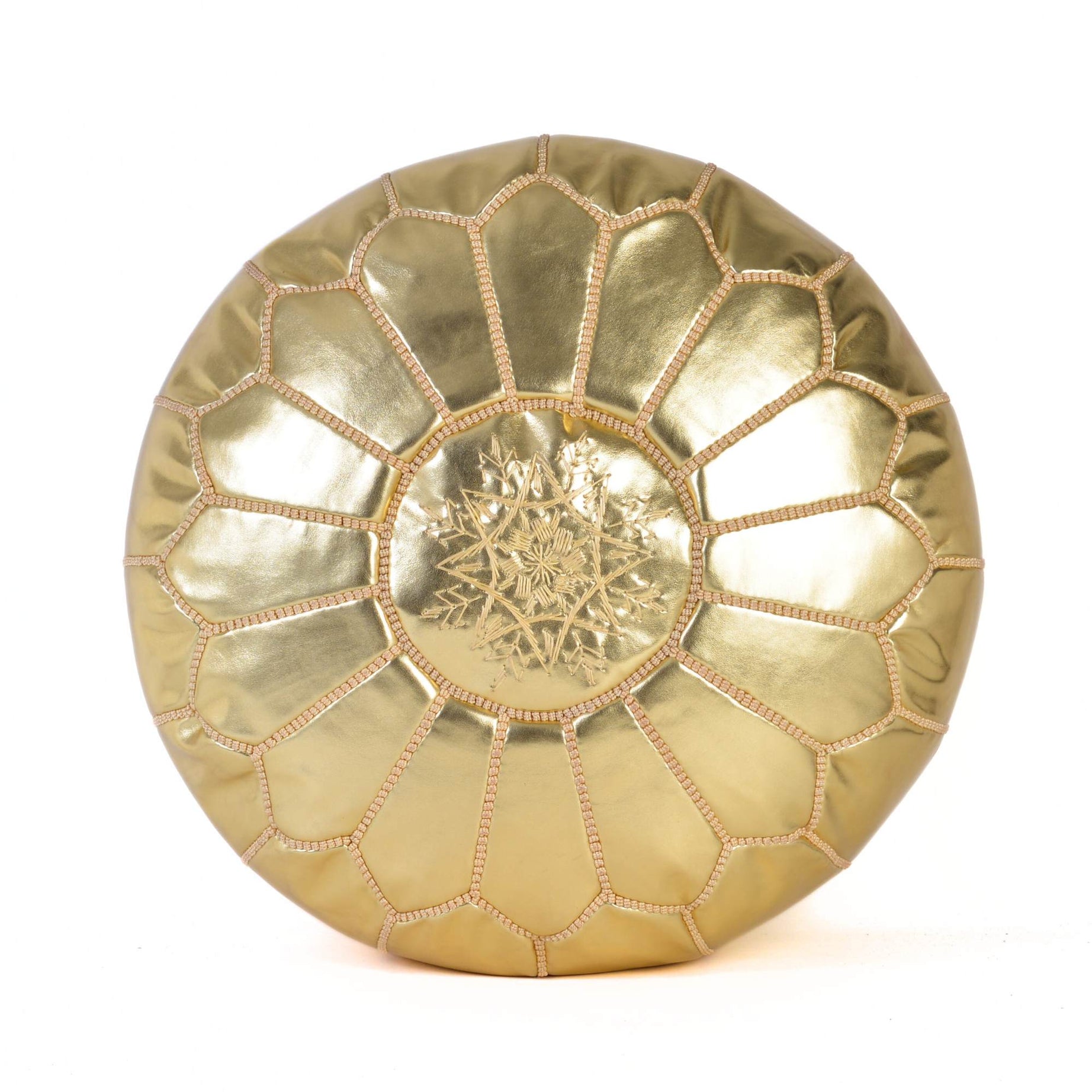 Gold Hand-Stitched Genuine Leather Ottoman Pouf with Embroidery