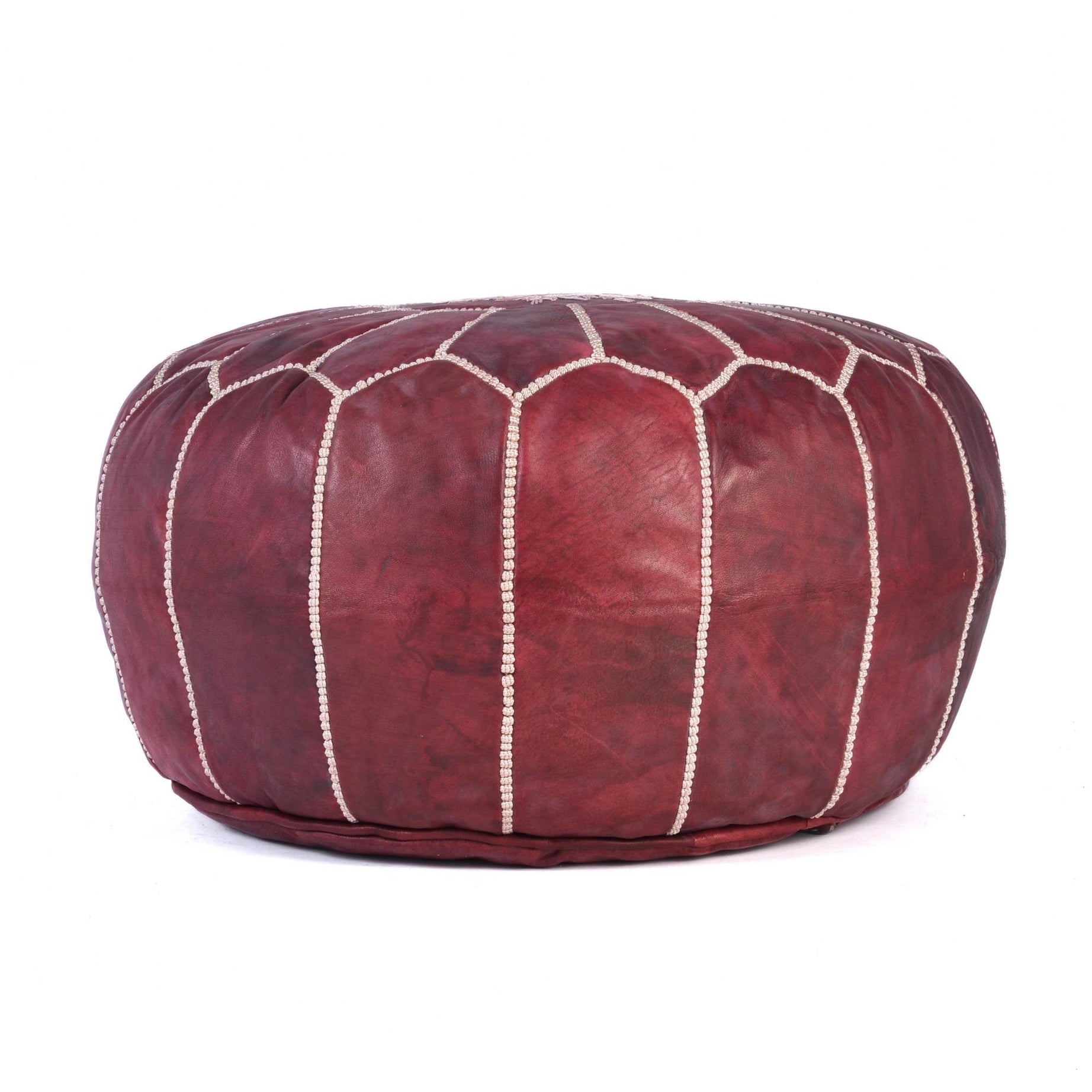 Best Burgundy Hand-Stitched Genuine Leather Ottoman Pouf with Embroidery