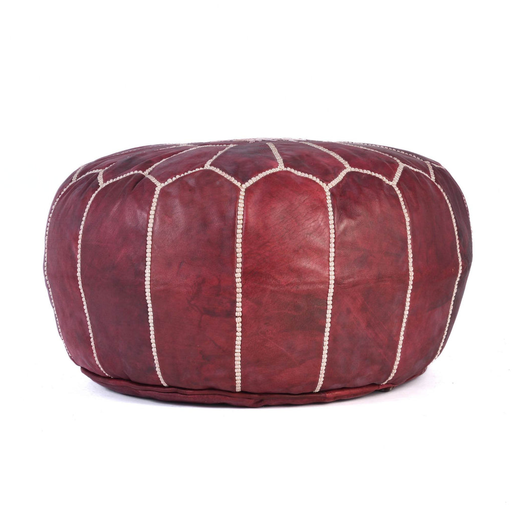 Handcrafted Best Burgundy Leather Pouf Moroccan Interior - LuxoraCraft
