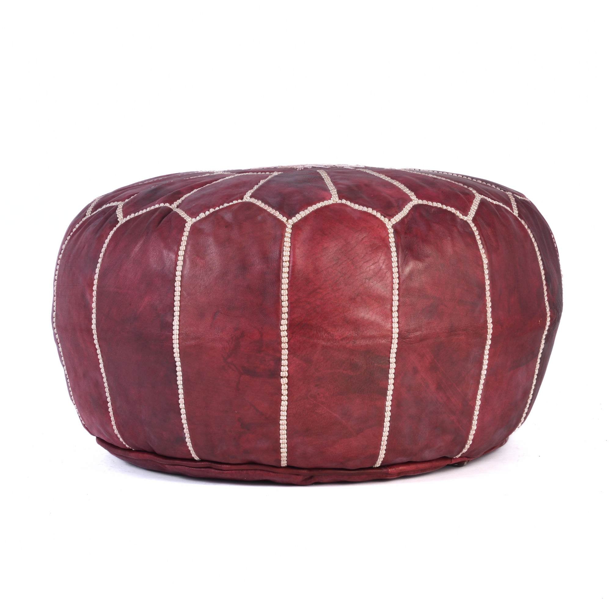 Best Burgundy Hand-Stitched Genuine Leather Ottoman Pouf with Embroidery