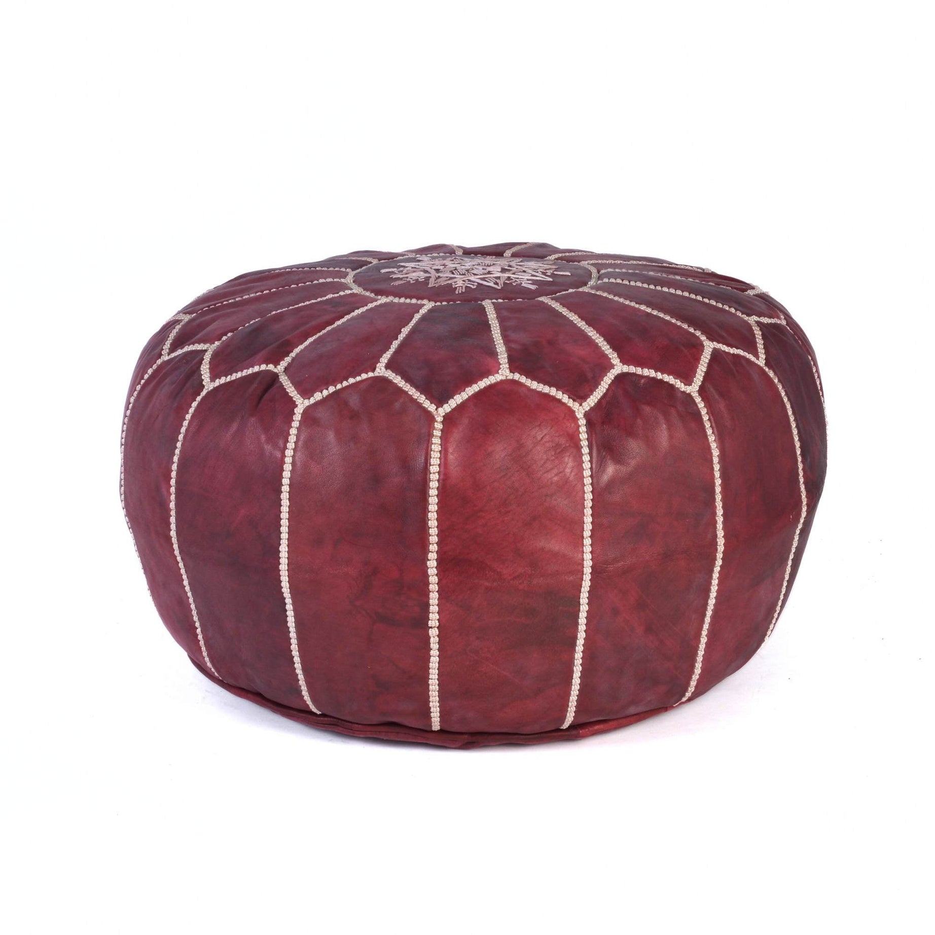 Best Burgundy Hand-Stitched Genuine Leather Ottoman Pouf with Embroidery