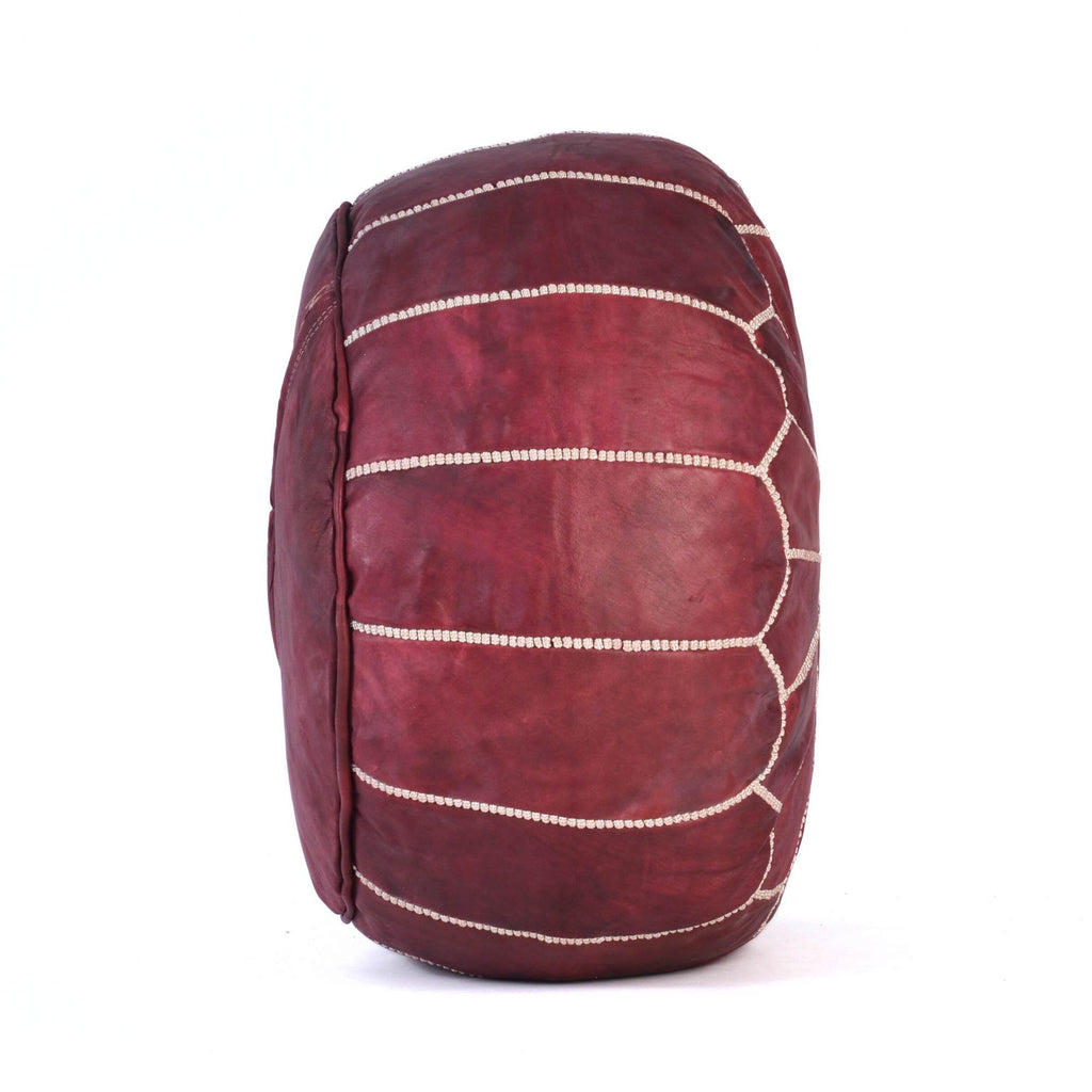 Burgundy Moroccan Leather Ottoman Pouf - LuxoraCraft