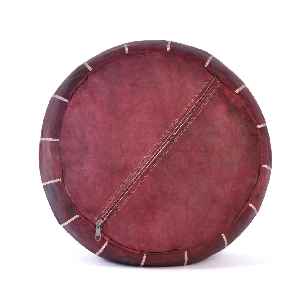Burgundy Moroccan Leather Ottoman Pouf Side View - LuxoraCraft