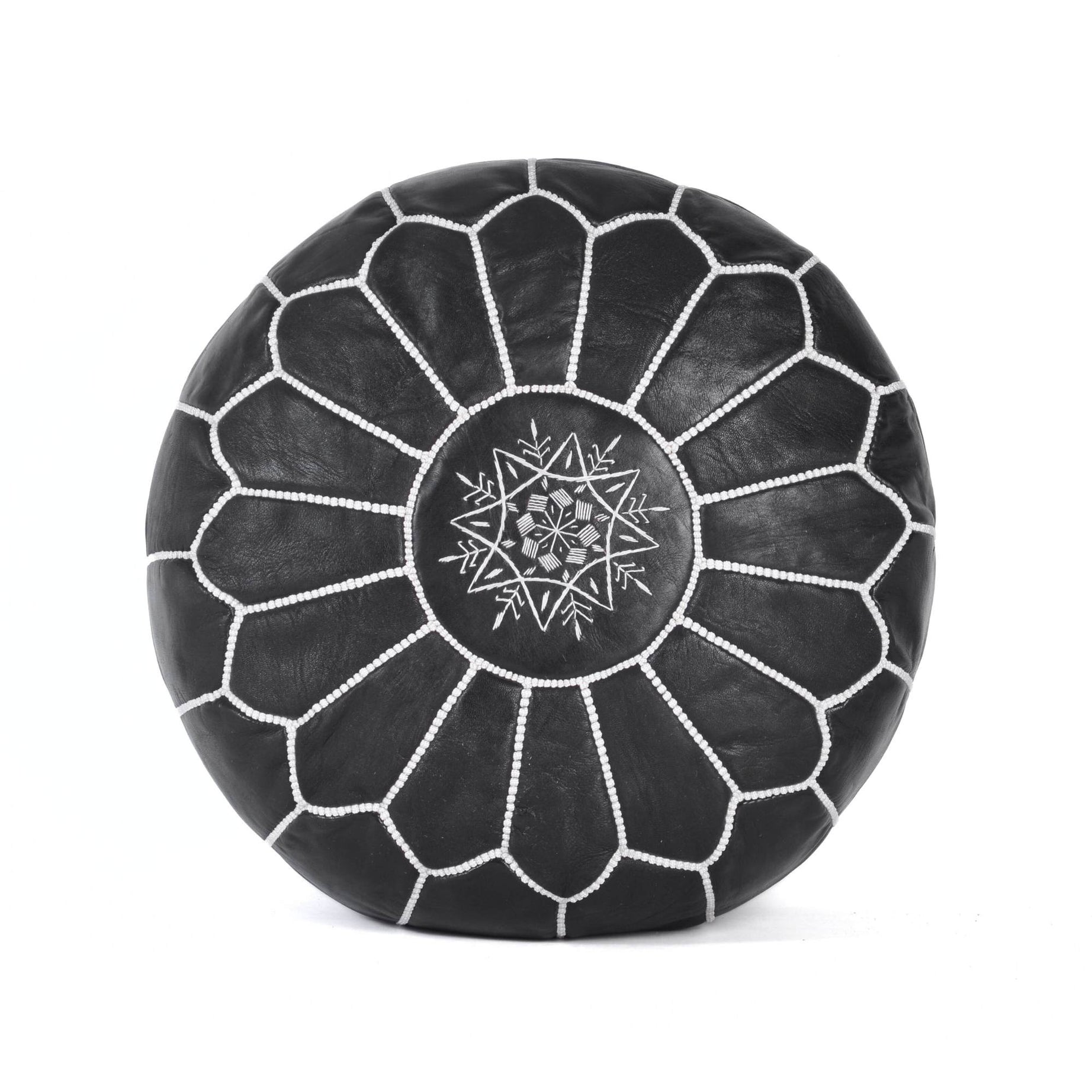 Black Hand-Stitched Genuine Leather Ottoman Pouf with Embroidery