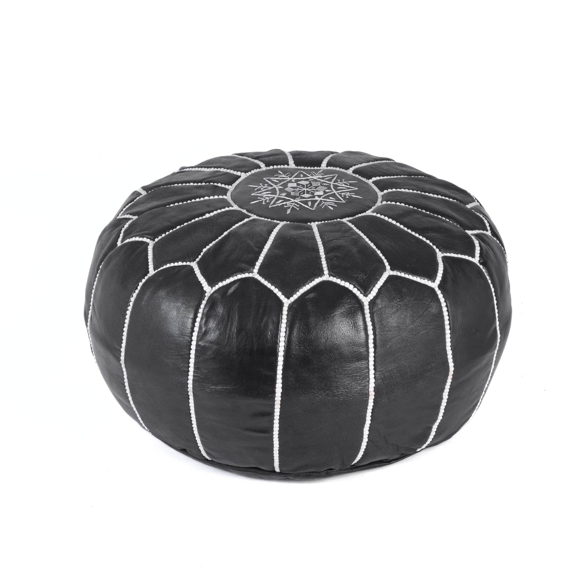Black Hand-Stitched Genuine Leather Ottoman Pouf with Embroidery