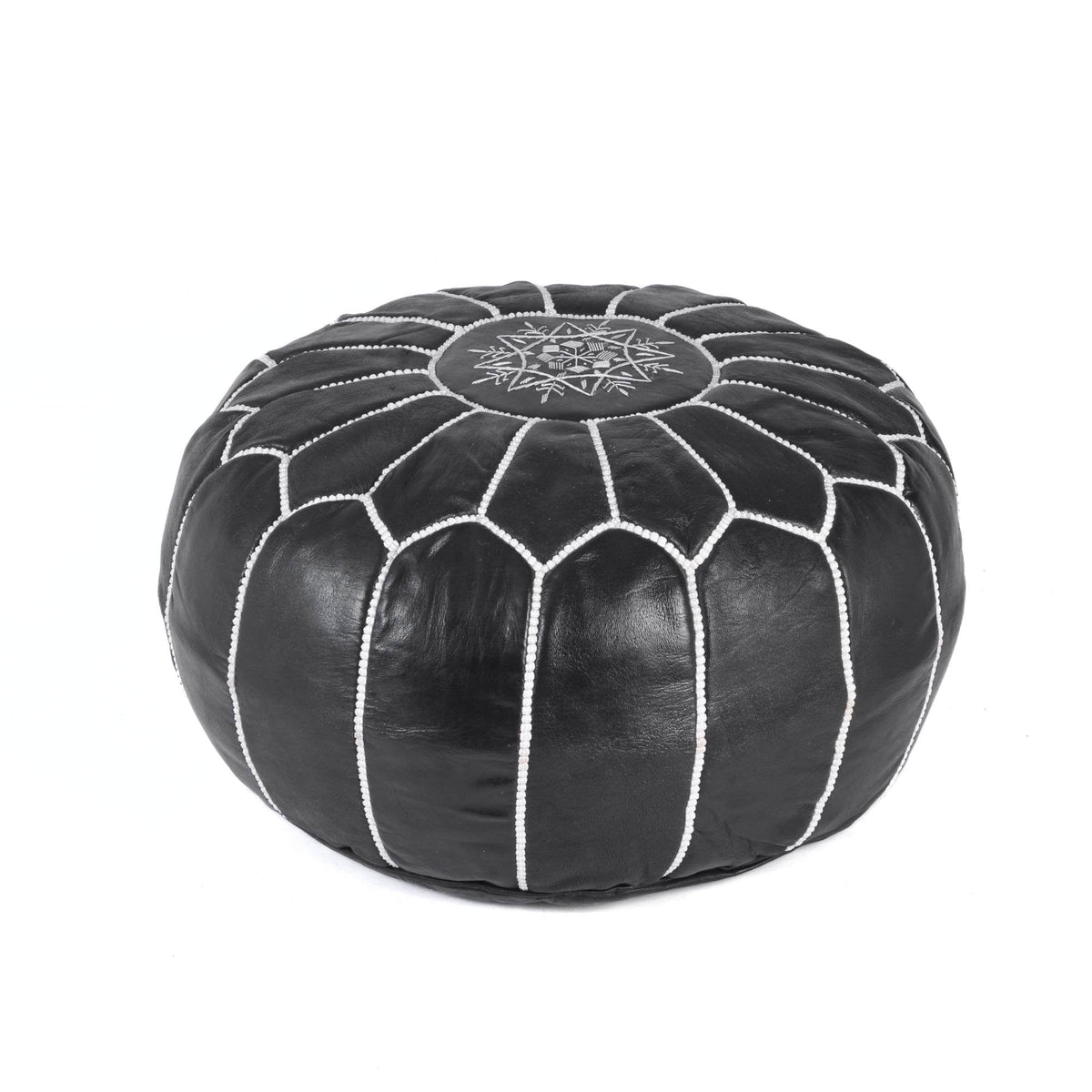 Black Round Leather Pouf Boho Living Room Decor - LuxoraCraft