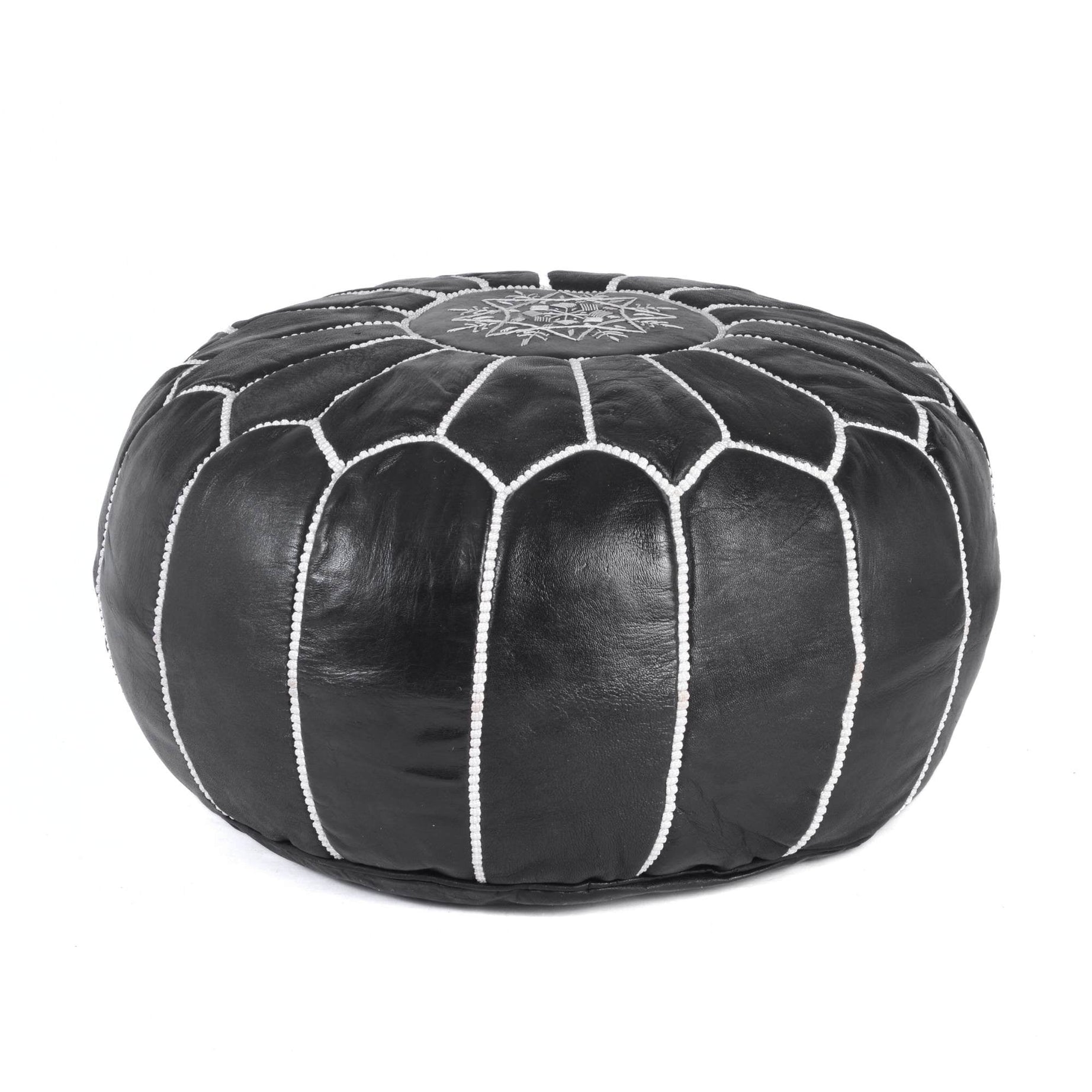 Black Hand-Stitched Genuine Leather Ottoman Pouf with Embroidery