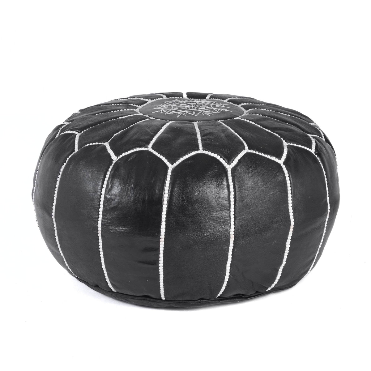 Handcrafted Black Leather Pouf Moroccan Interior Accent - LuxoraCraft