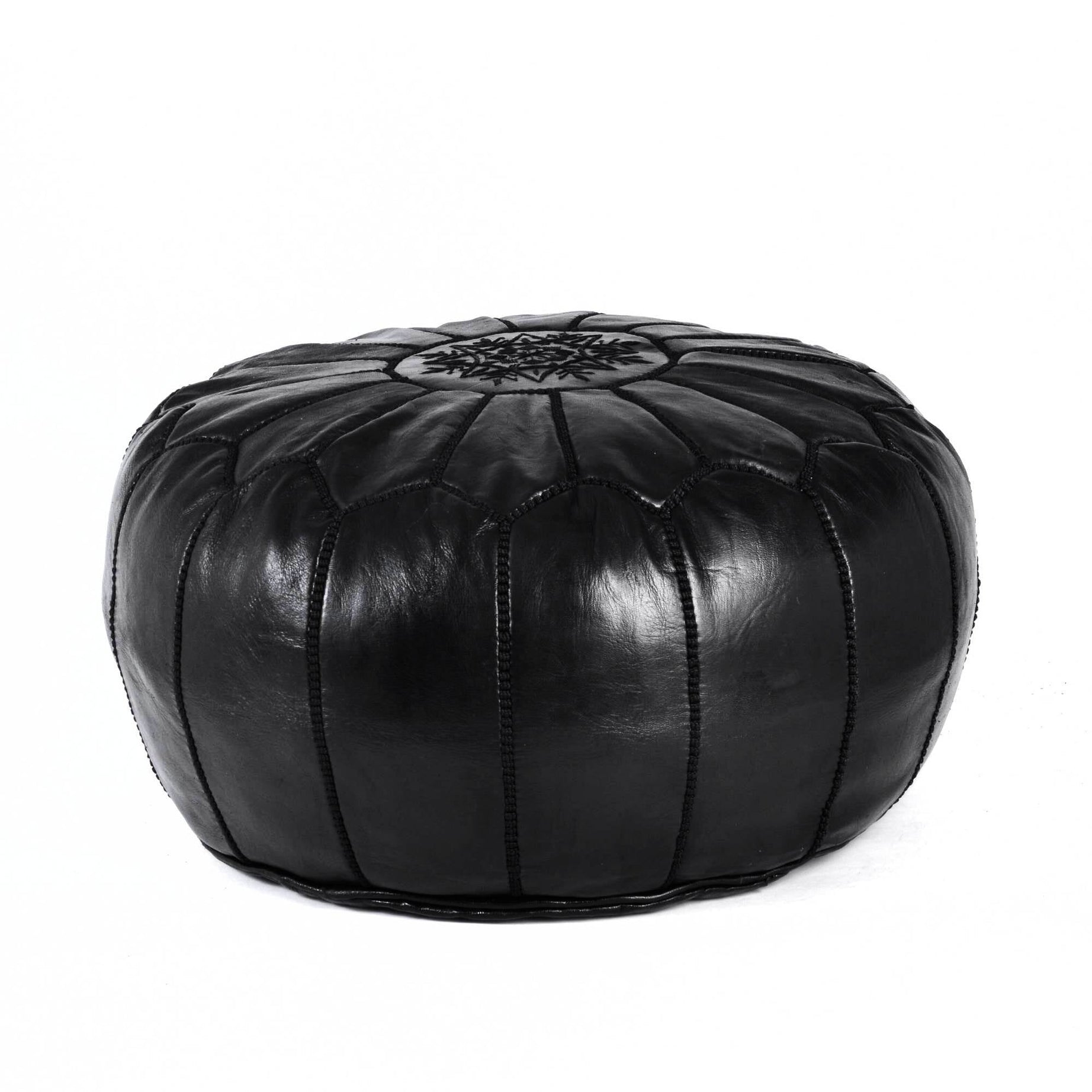 Almond black Hand-Stitched Genuine Leather Ottoman Pouf with Embroidery