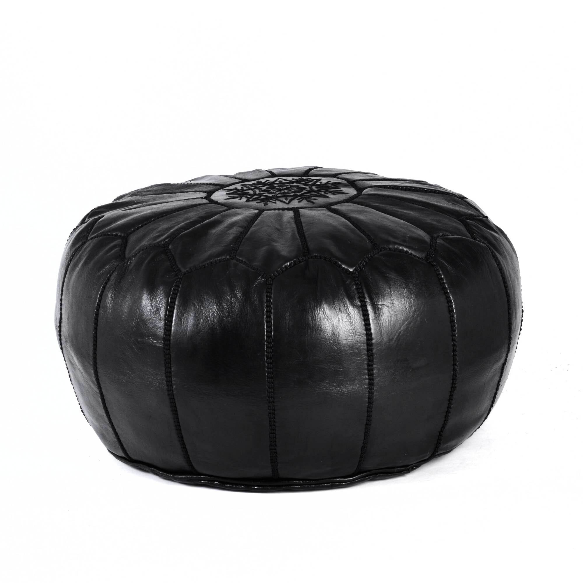 Almond black Hand-Stitched Genuine Leather Ottoman Pouf with Embroidery