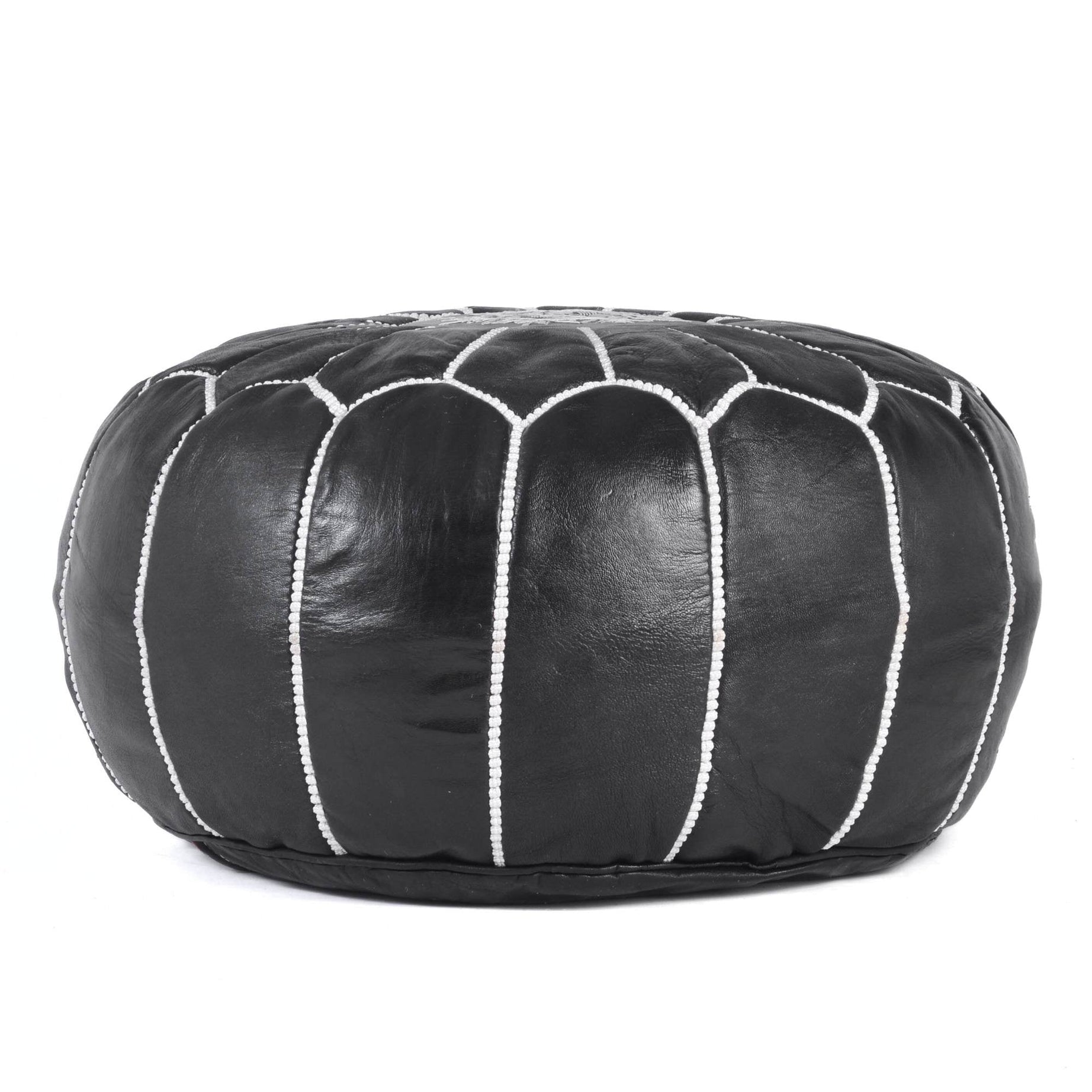 Black Hand-Stitched Genuine Leather Ottoman Pouf with Embroidery