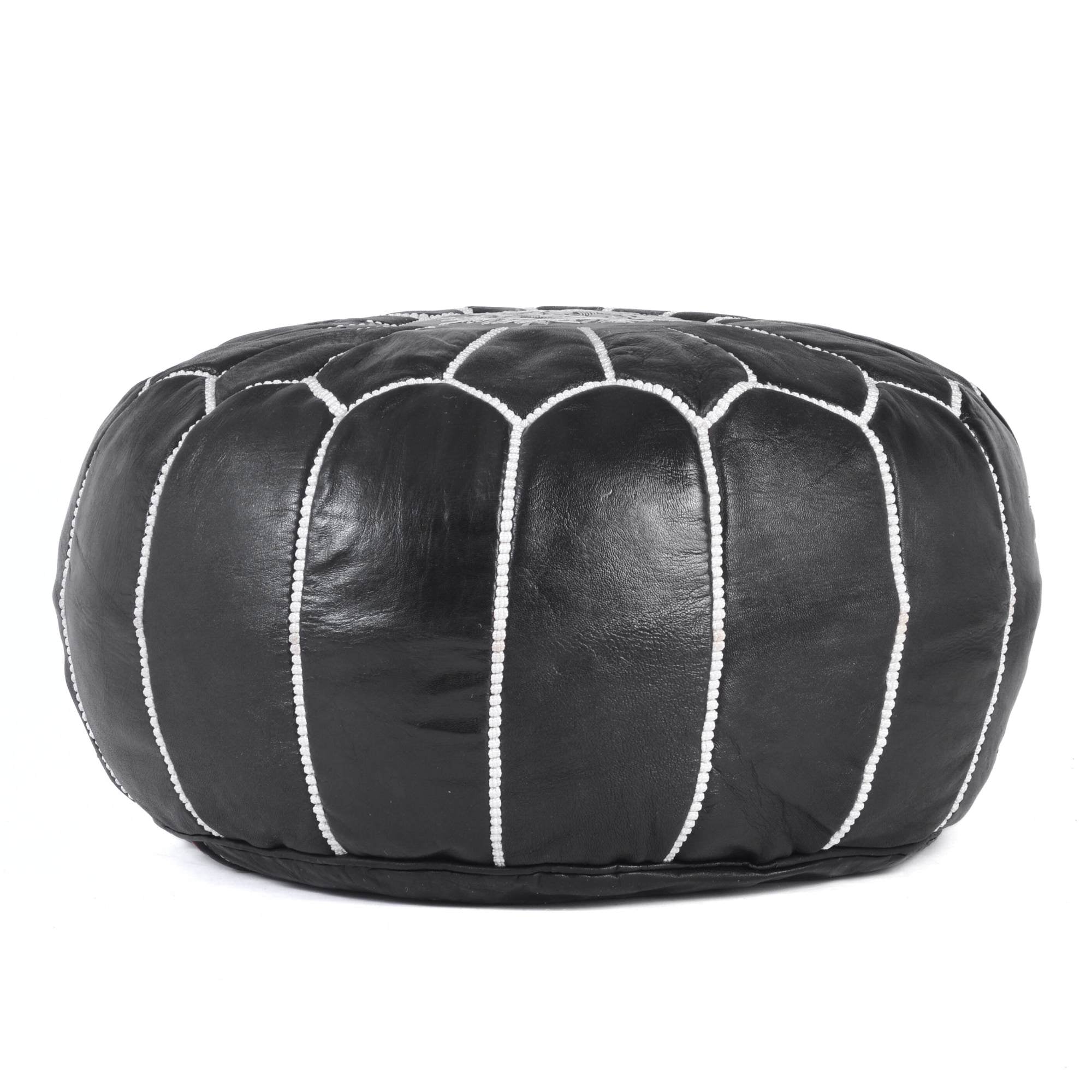 Black Hand-Stitched Genuine Leather Ottoman Pouf with Embroidery