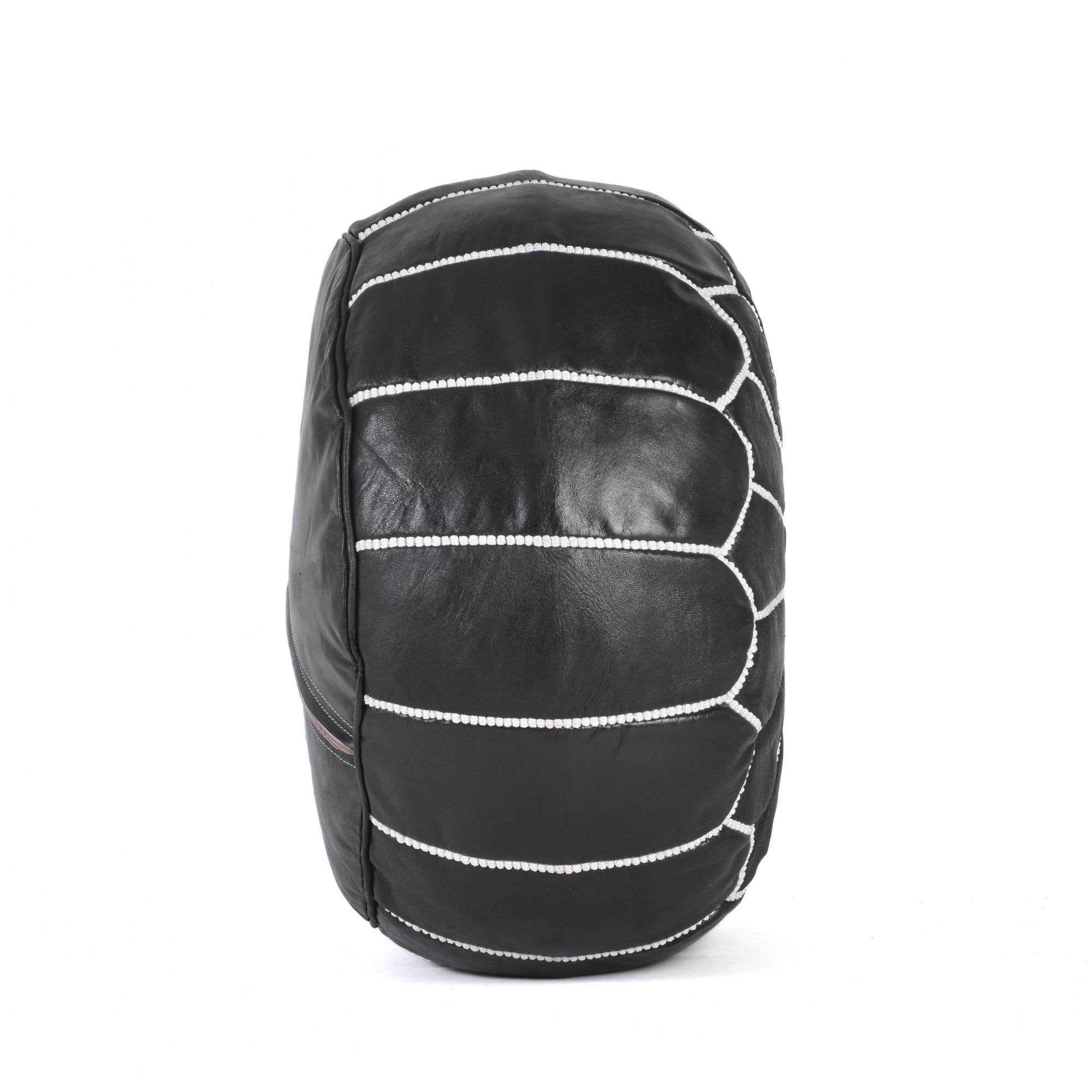 Black Hand-Stitched Genuine Leather Ottoman Pouf with Embroidery