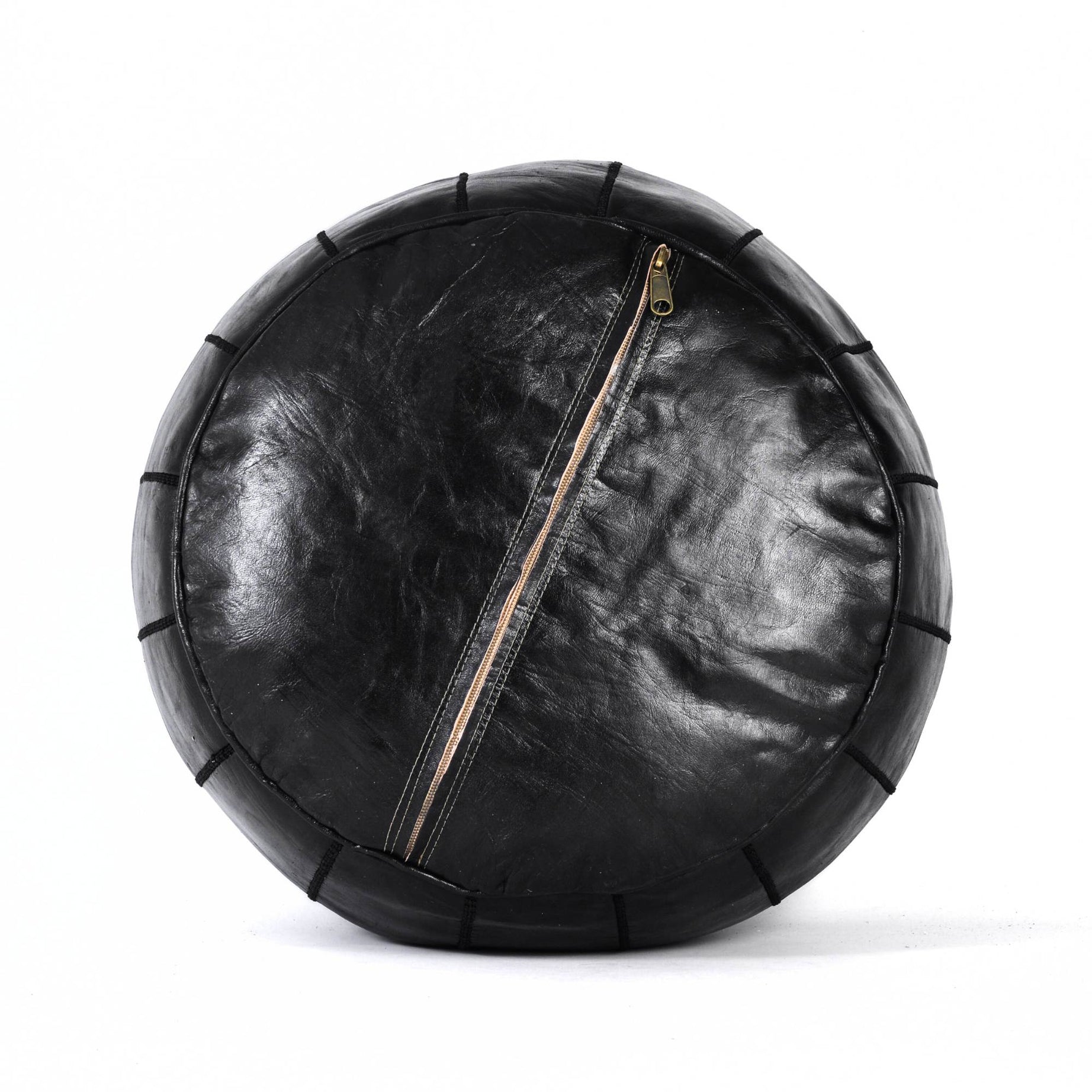 Almond black Hand-Stitched Genuine Leather Ottoman Pouf with Embroidery