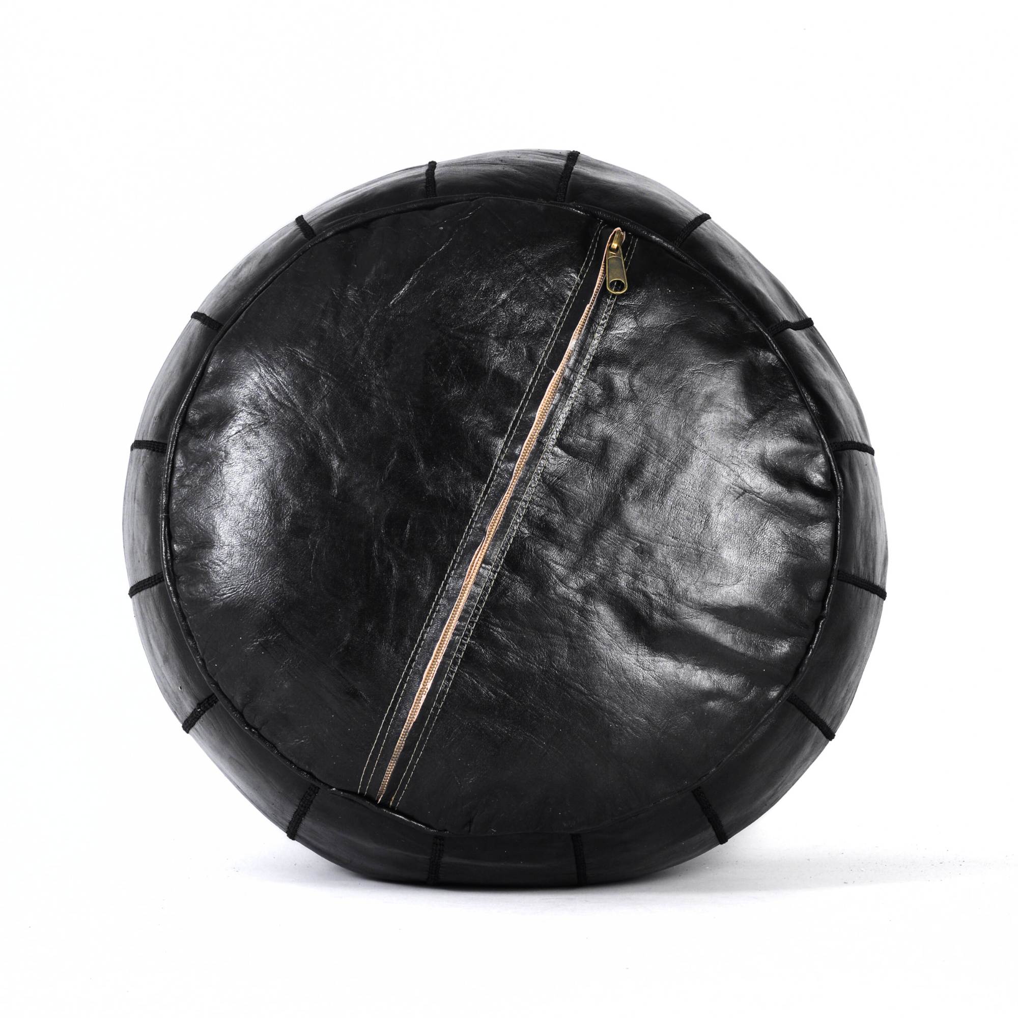 Almond black Hand-Stitched Genuine Leather Ottoman Pouf with Embroidery