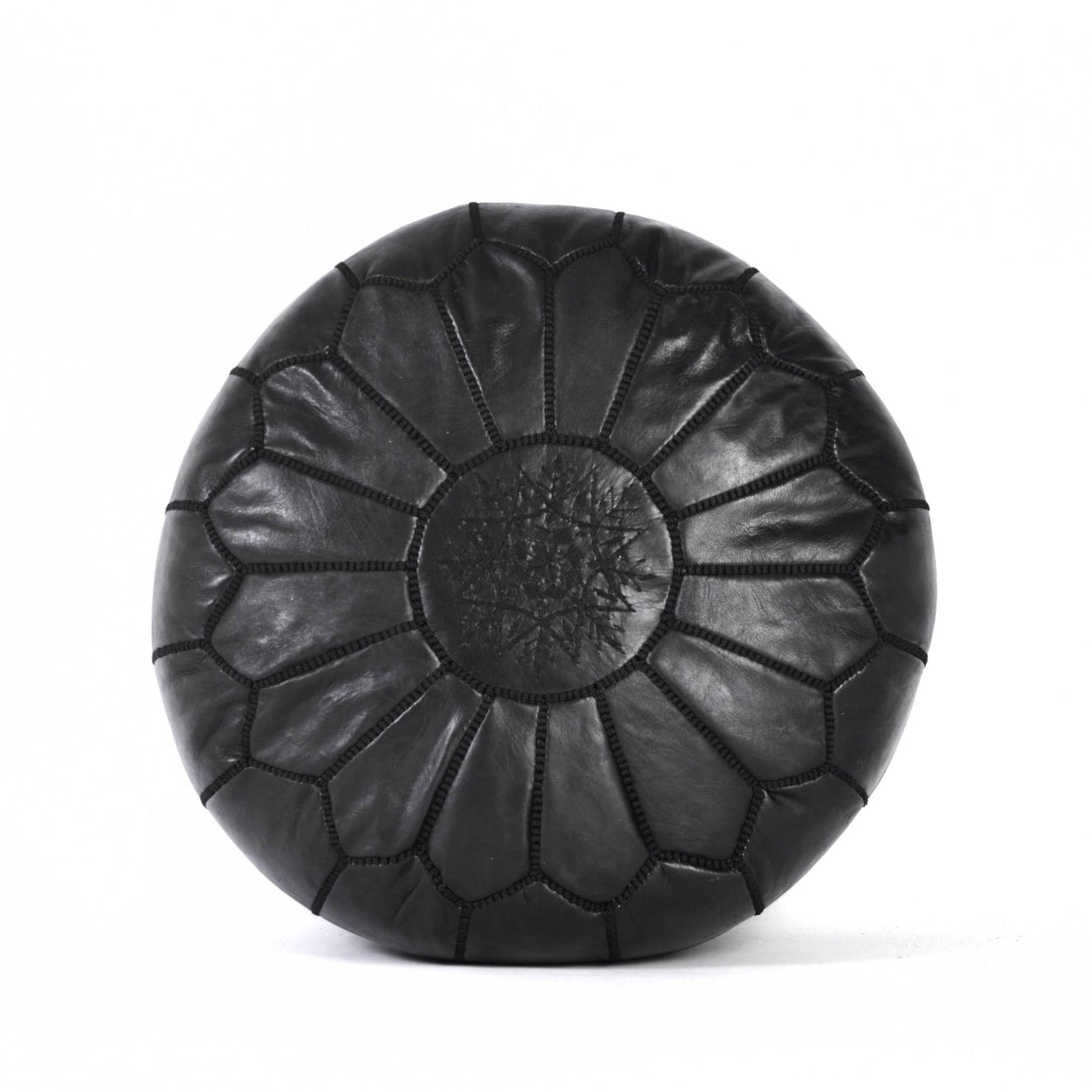 Almond Black Leather Pouf Authentic Moroccan Handmade Ottoman - LuxoraCraft
