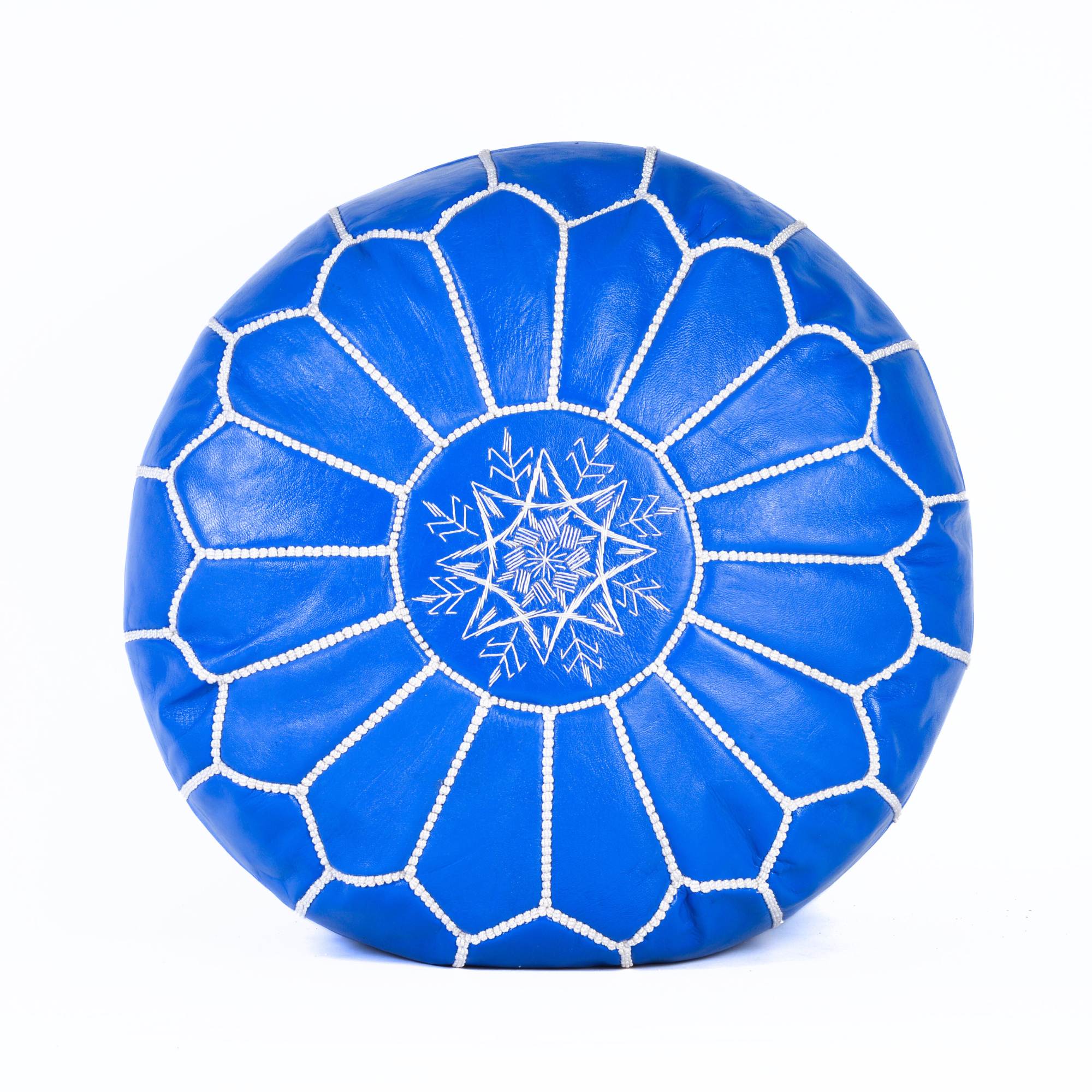 Blue Hand-Stitched Genuine Leather Ottoman Pouf with Embroidery