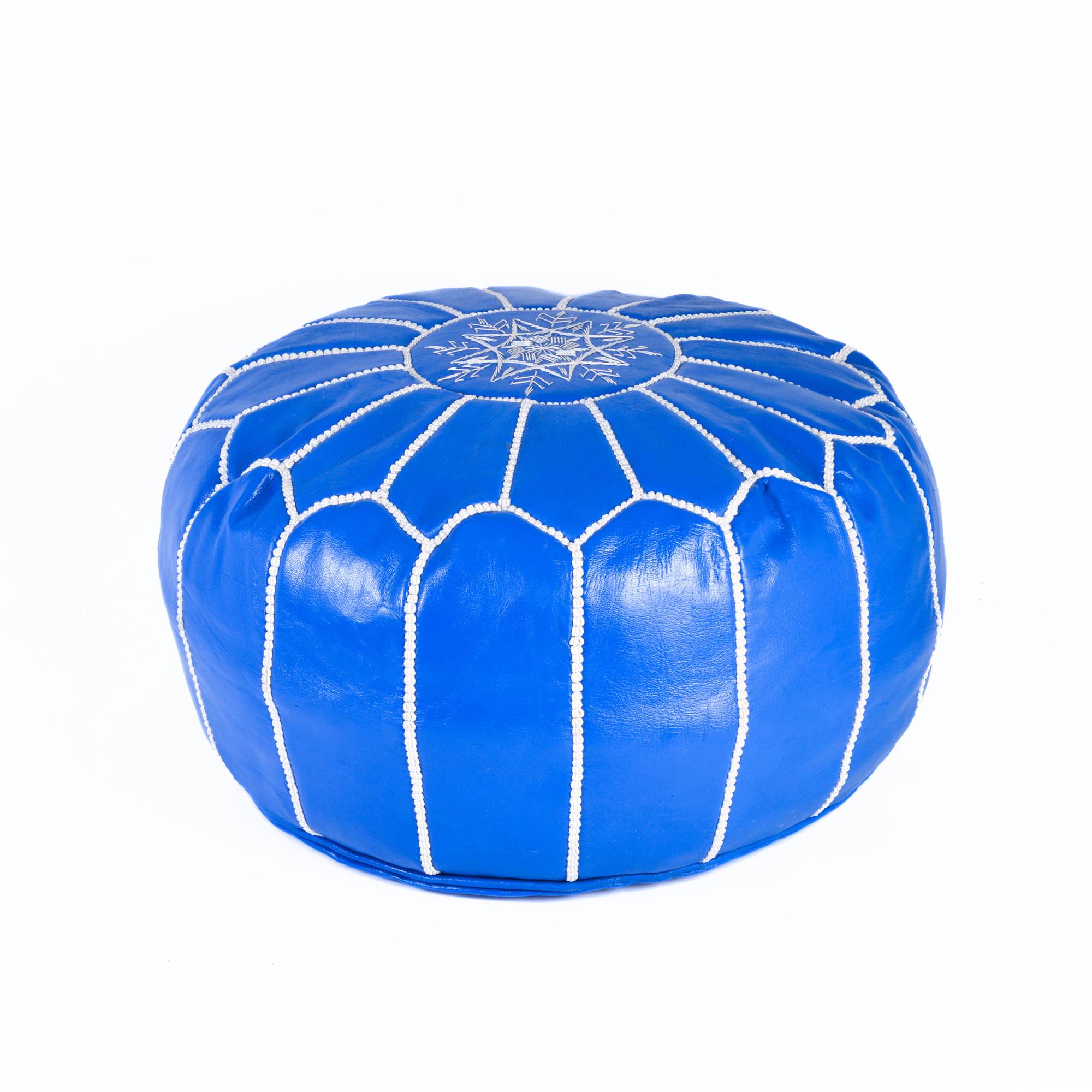 Blue Hand-Stitched Genuine Leather Ottoman Pouf with Embroidery