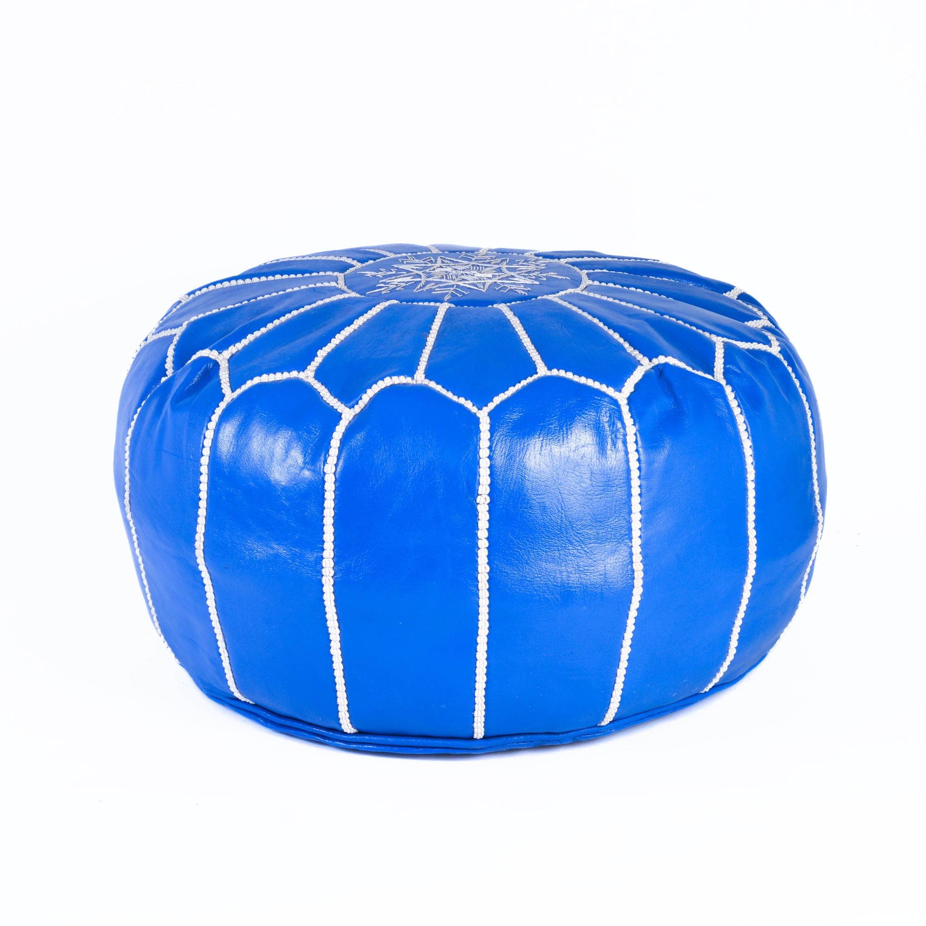 Blue Hand-Stitched Genuine Leather Ottoman Pouf with Embroidery
