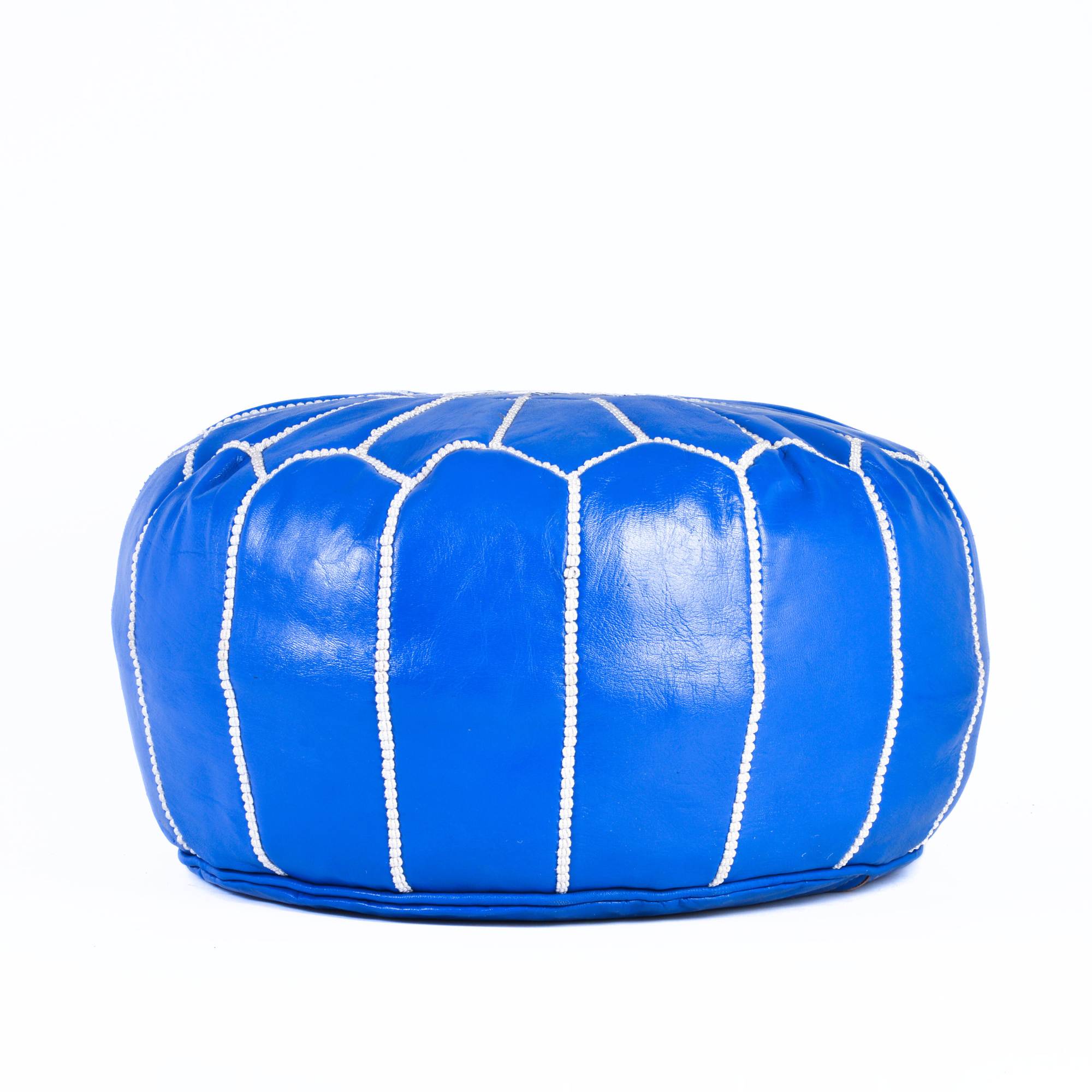 Blue Hand-Stitched Genuine Leather Ottoman Pouf with Embroidery