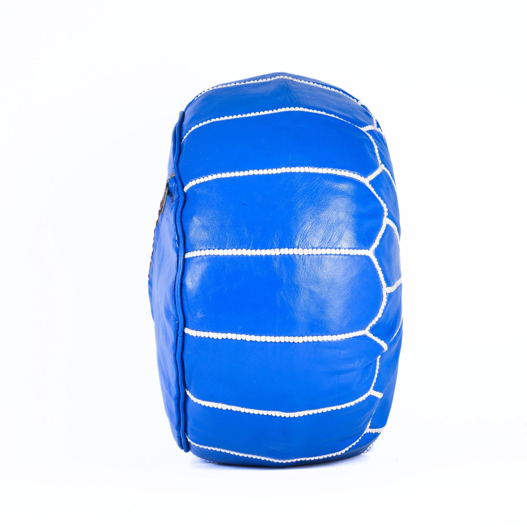 Blue Hand-Stitched Genuine Leather Ottoman Pouf with Embroidery
