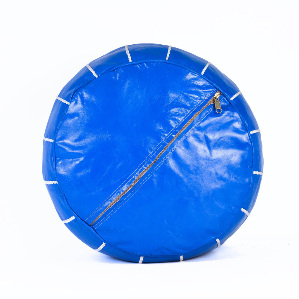 Blue Moroccan Leather Ottoman Pouf Side View - LuxoraCraft