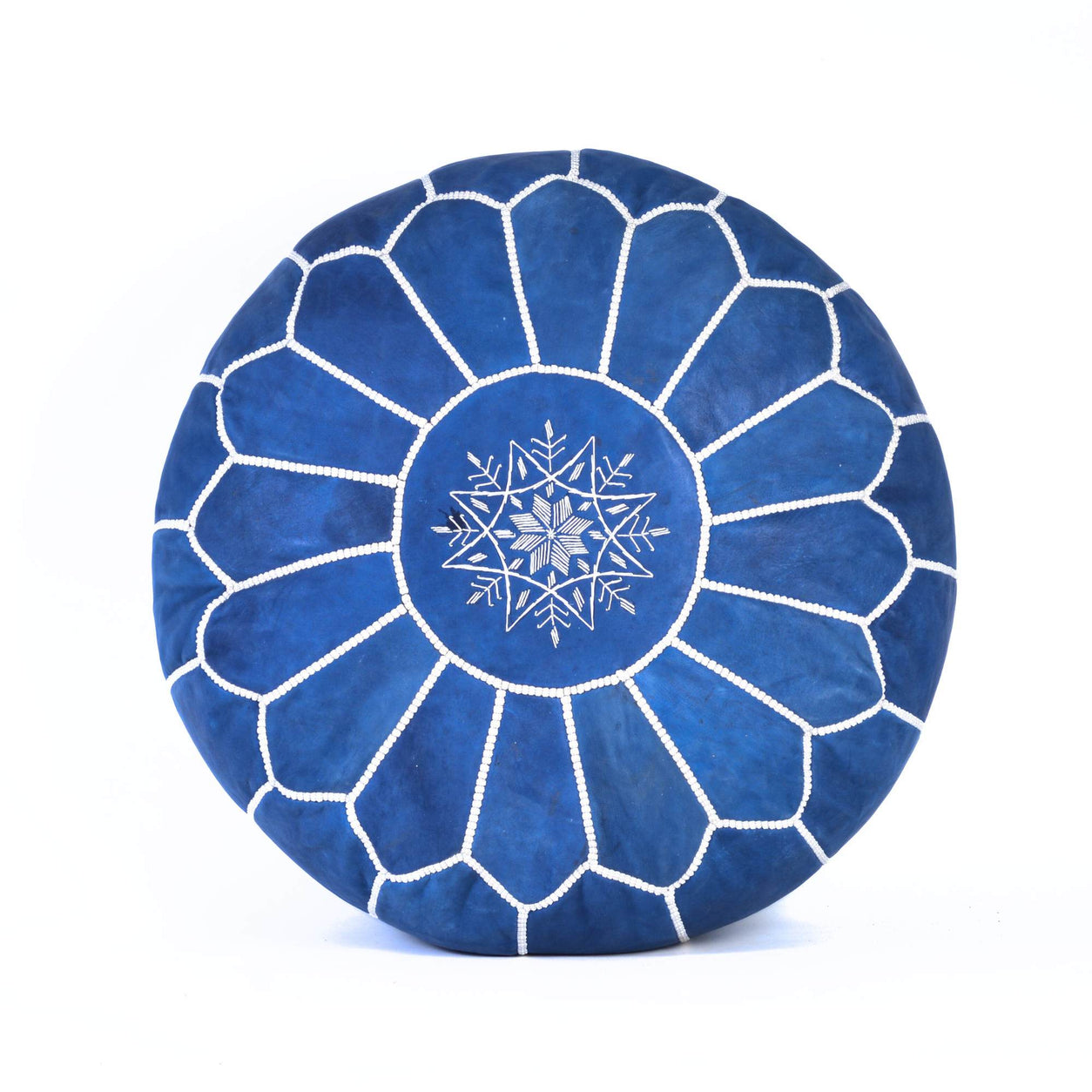 Blue Jeans Leather Pouf Authentic Moroccan Handmade Footstool - LuxoraCraft