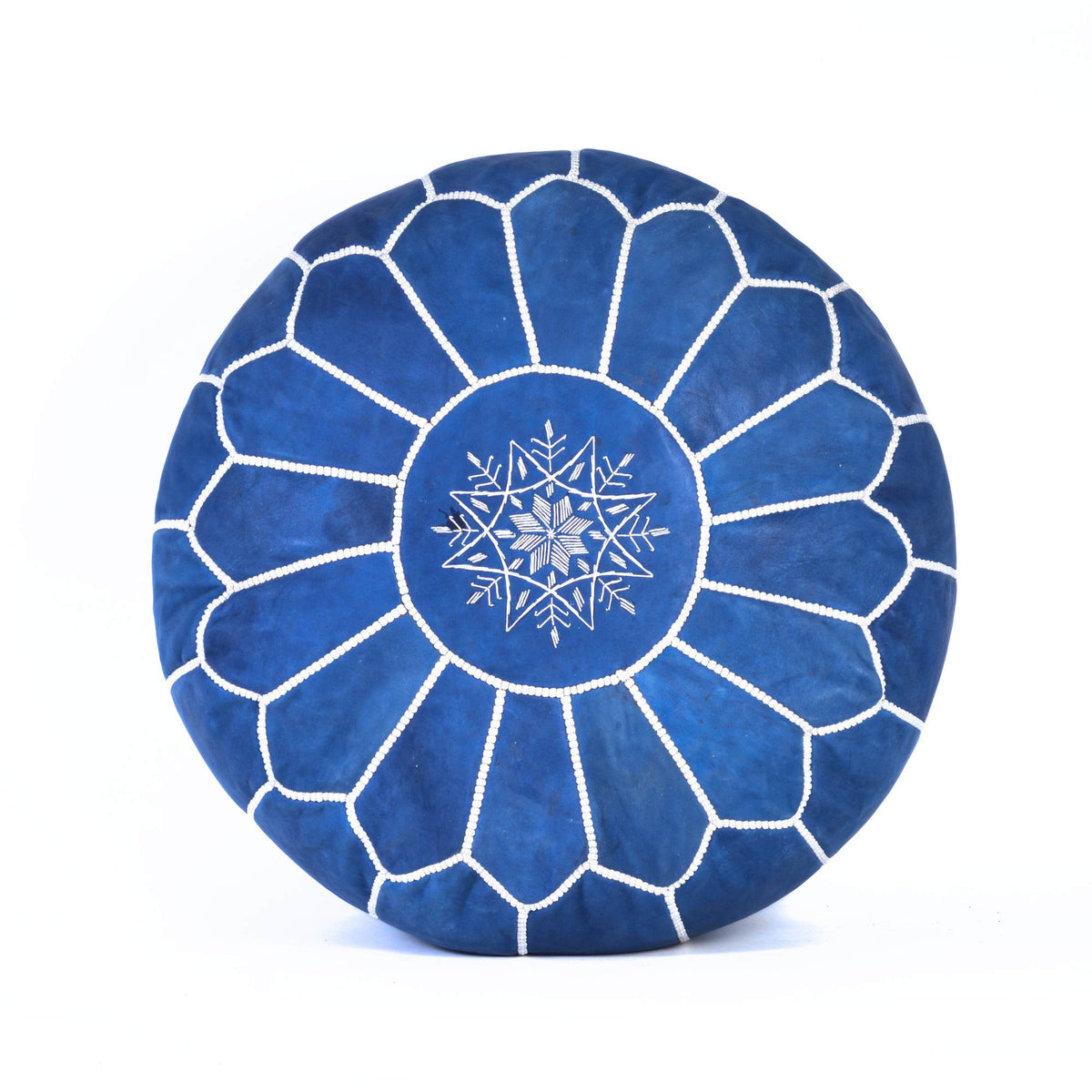 Blue Jeans Leather Pouf Authentic Moroccan Handmade Footstool - LuxoraCraft