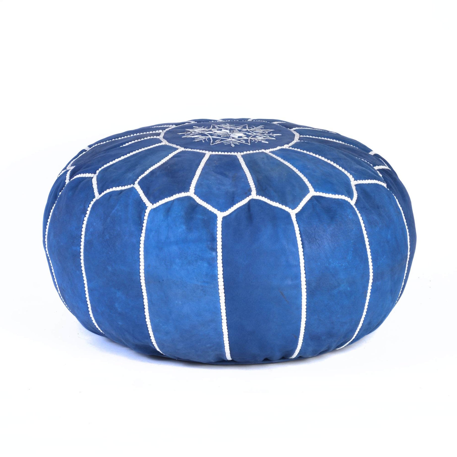 Blue Jeans Hand-Stitched Genuine Leather Ottoman Pouf with Embroidery