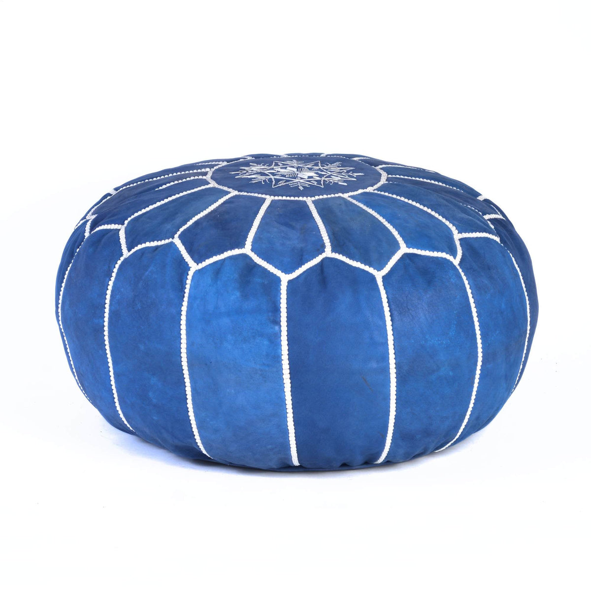 Blue Jeans Round Leather Pouf Boho Living Room Decor - LuxoraCraft