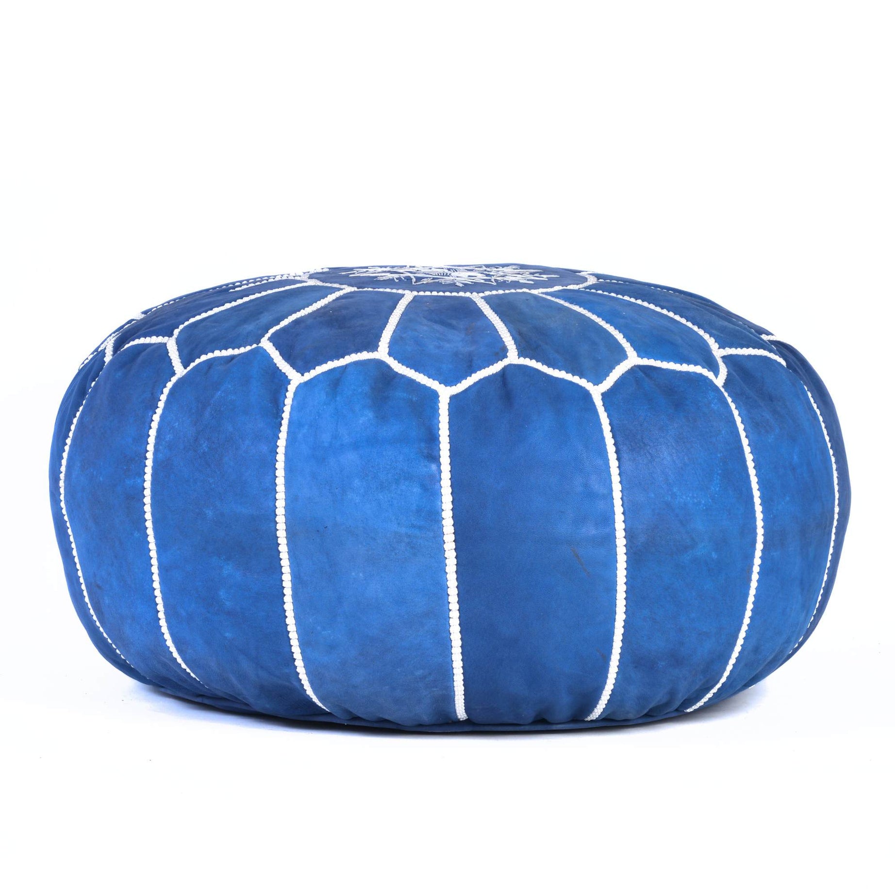 Blue Jeans Hand-Stitched Genuine Leather Ottoman Pouf with Embroidery
