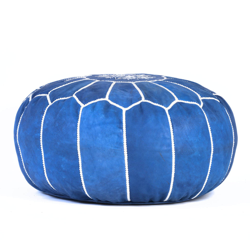 Handcrafted Blue Jeans Leather Pouf Moroccan Interior Accent - LuxoraCraft