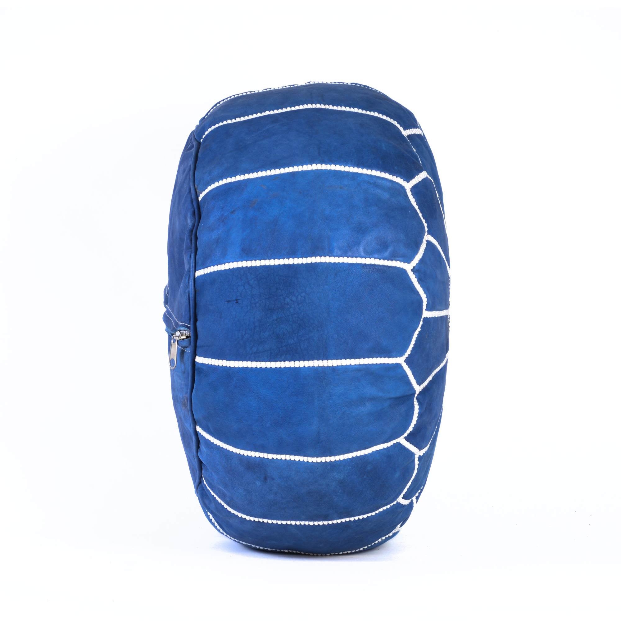 Blue Jeans Hand-Stitched Genuine Leather Ottoman Pouf with Embroidery