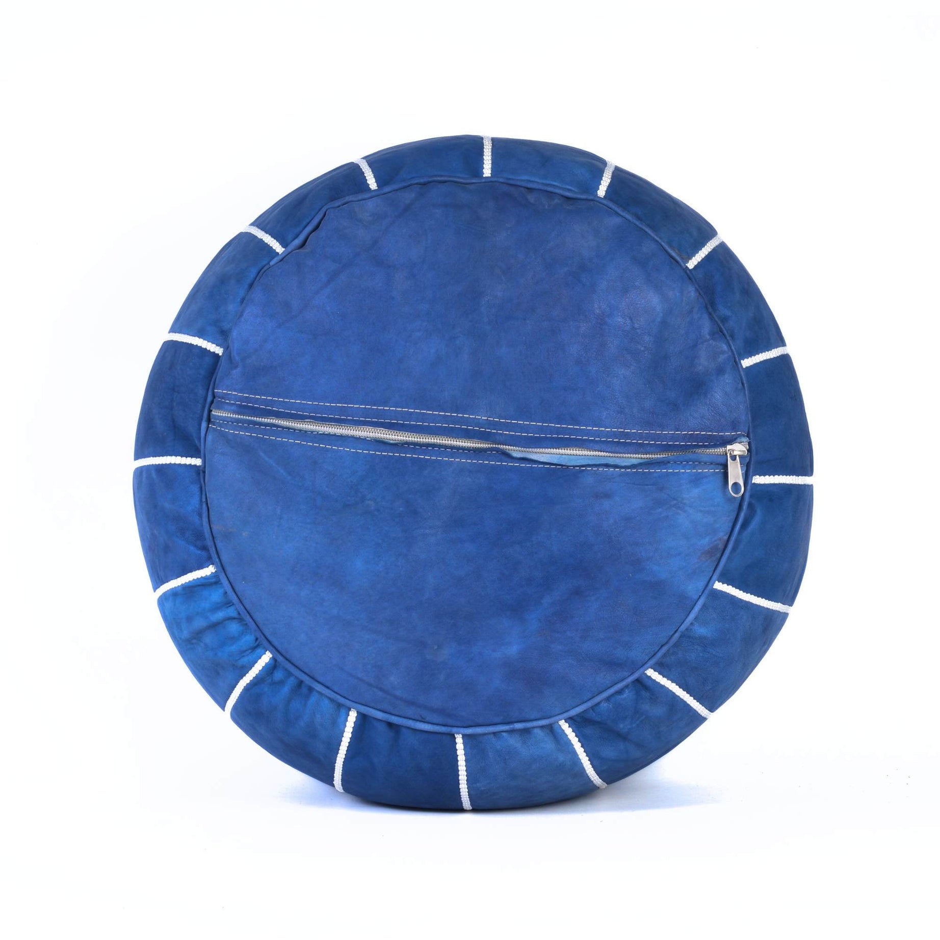 Blue Jeans Hand-Stitched Genuine Leather Ottoman Pouf with Embroidery